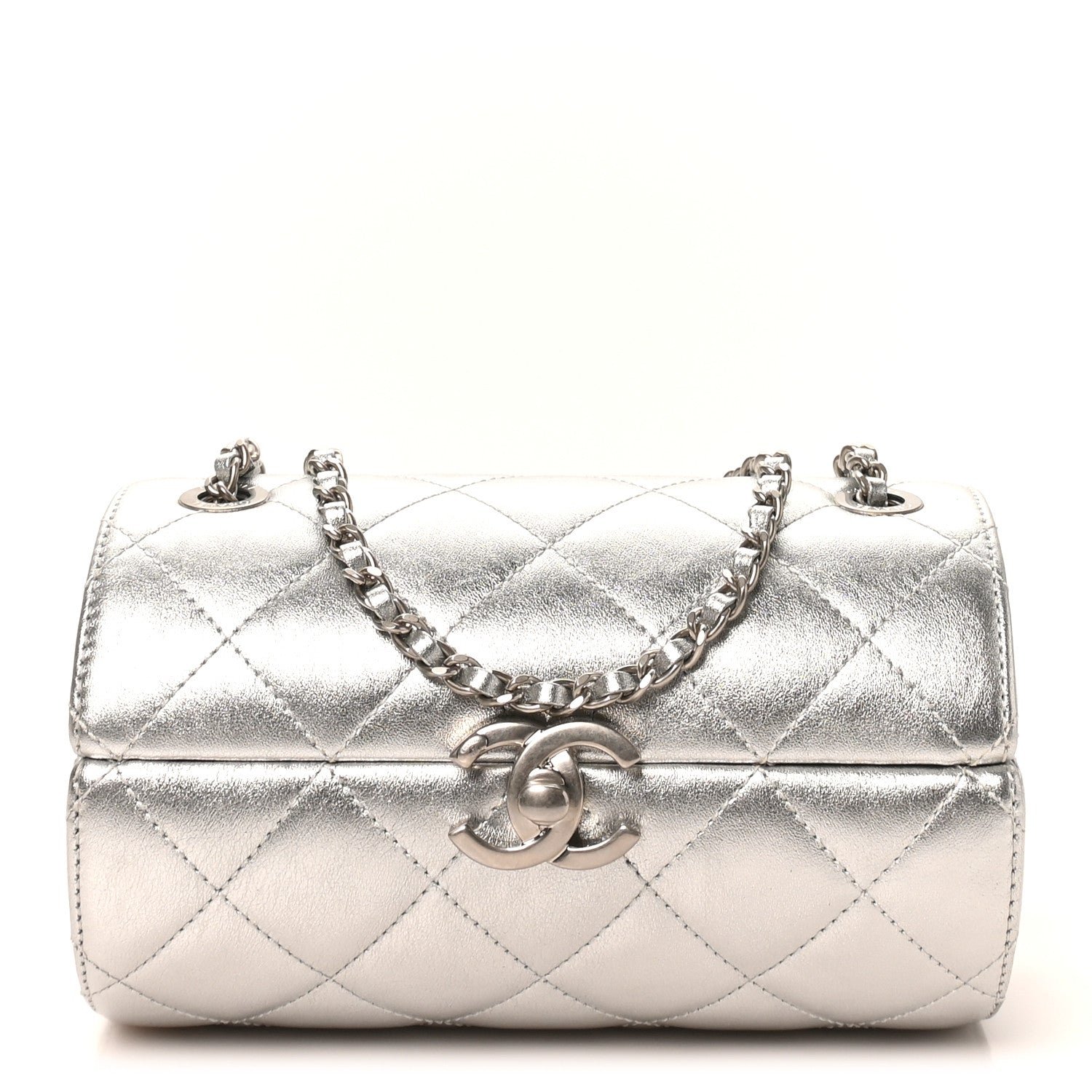 Chanel Metallic Lambskin Quilted Barrel Crossbody Bag Silver