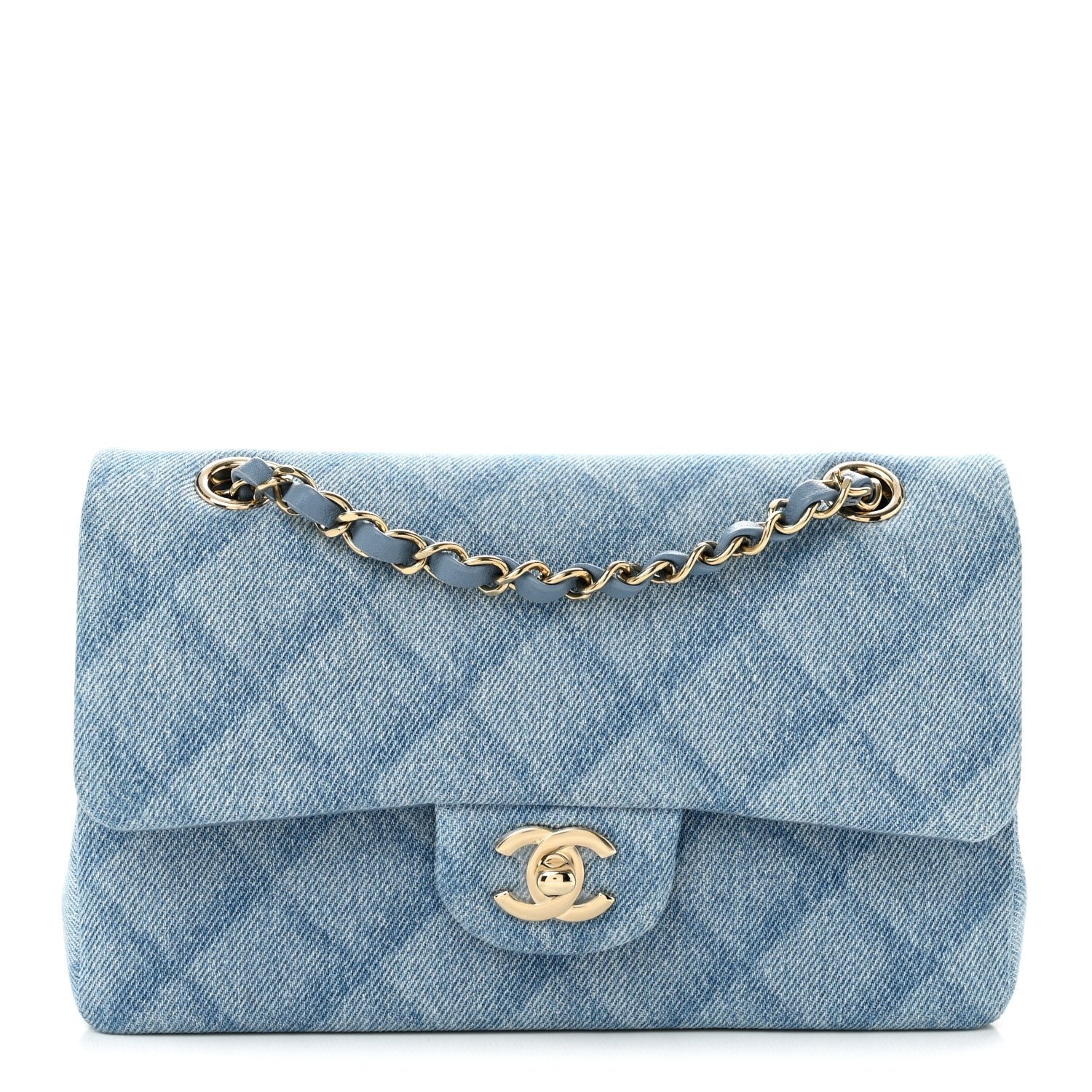 Chanel Printed Denim Quilted Small Double Flap Light Blue