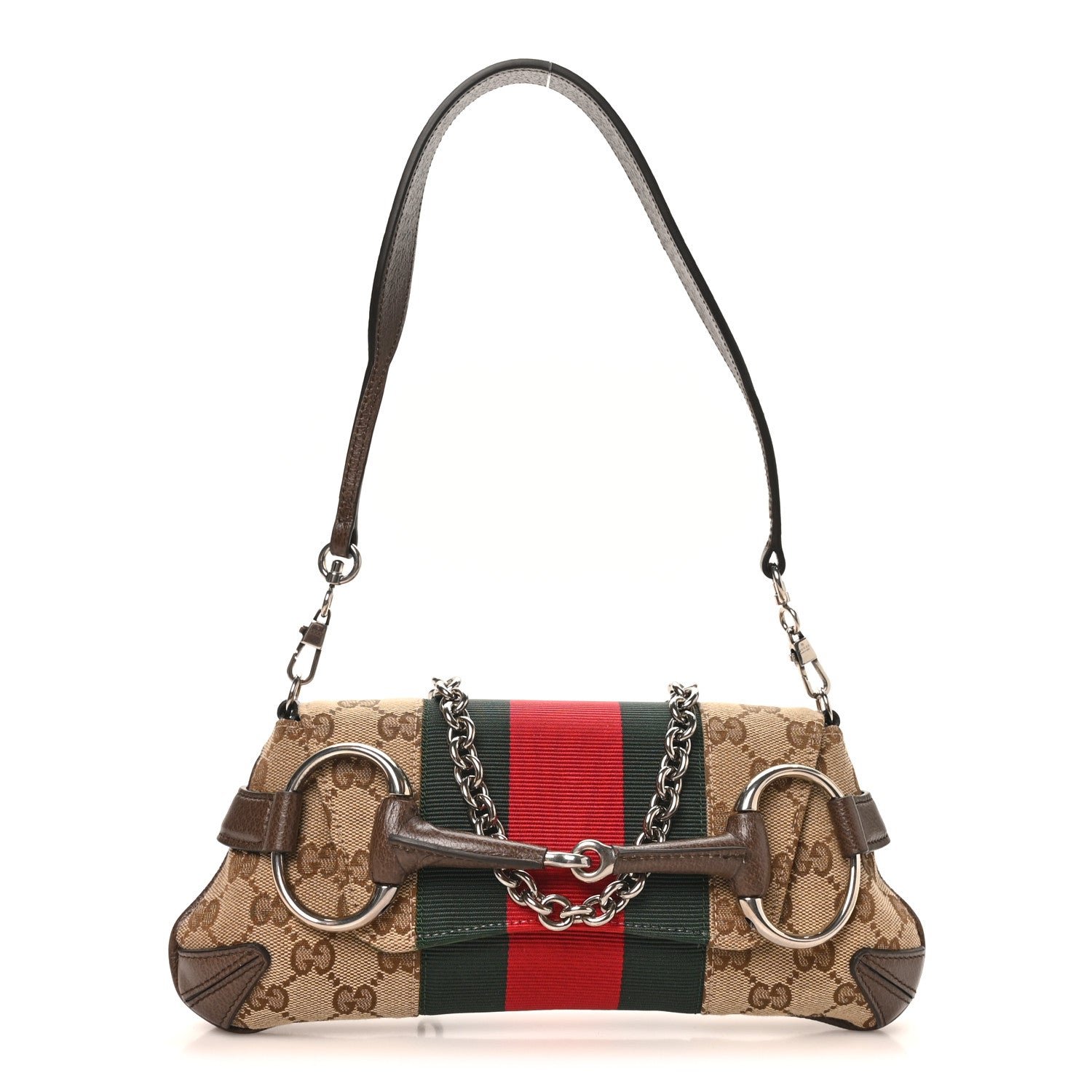 Gucci Monogram Textured Dollar Calfskin Heavy Grosgrain Web Small Maxi Horsebit Chain Shoulder Bag Beige Ebony New Acero