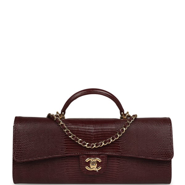 Chanel Long Top Handle Clutch with Chain Dark Burgundy Lizard Embossed Calfskin Gold Hardware