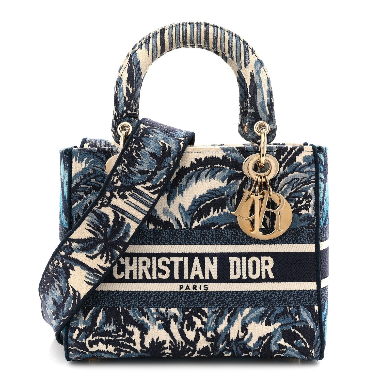 Christian Dior Canvas Embroidered Palm Tree Toile De Jouy Medium Lady D-Lite Blue