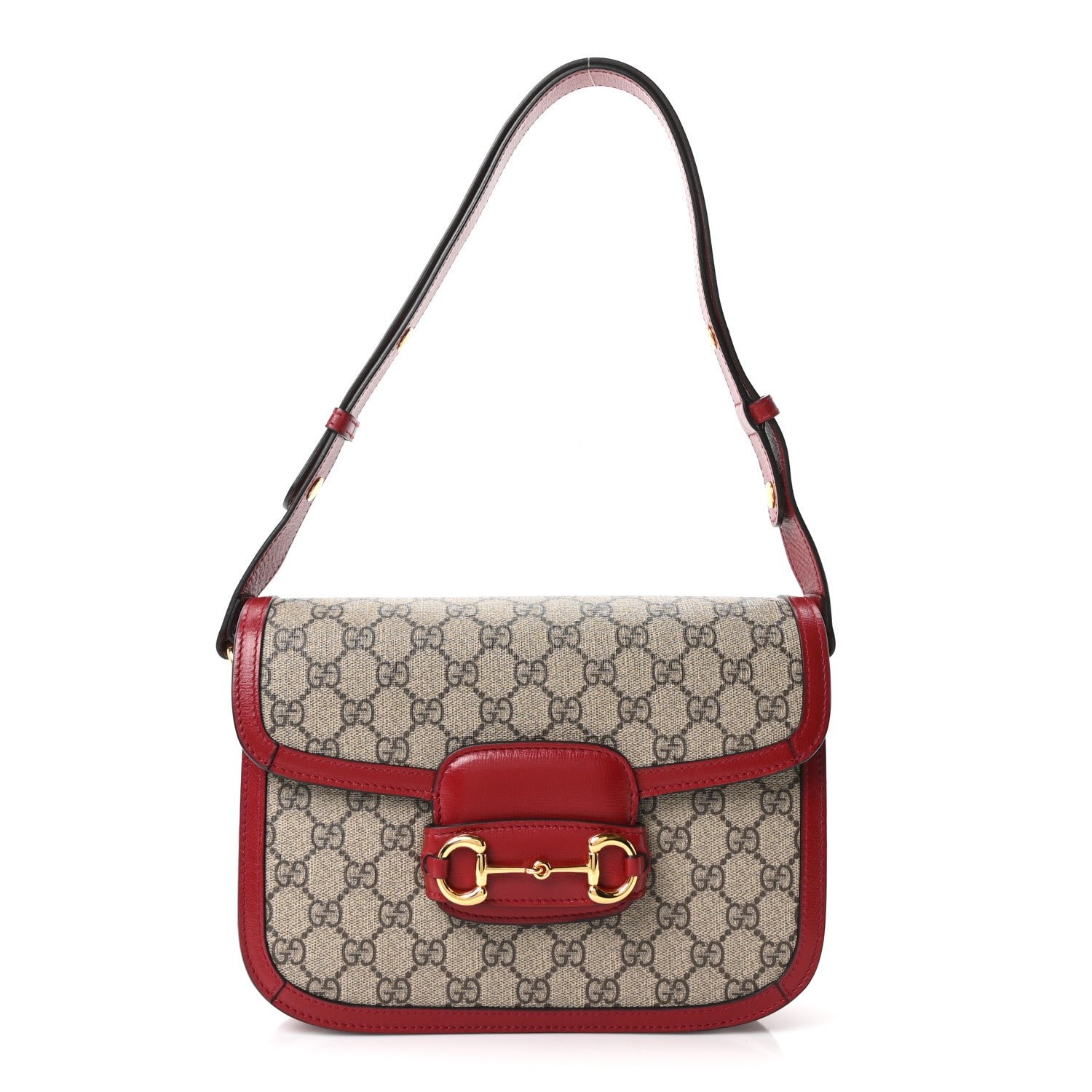 Gucci GG Supreme Monogram Azalea Calfskin Horsebit 1955 Shoulder Bag Beige Ebony New Cherry Red