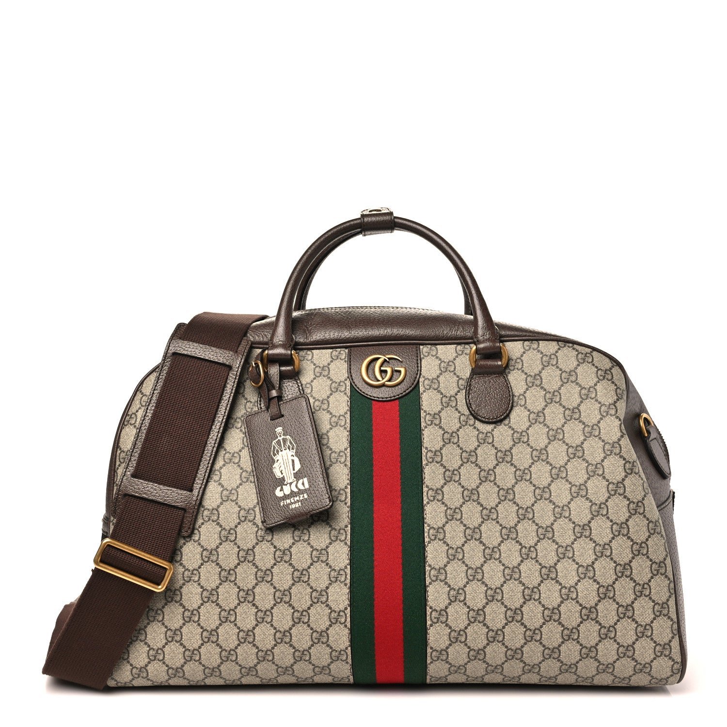 Gucci GG Supreme Monogram Textured Dollar Calfskin Web Large Savoy Bowling Bag Beige Ebony New Acero