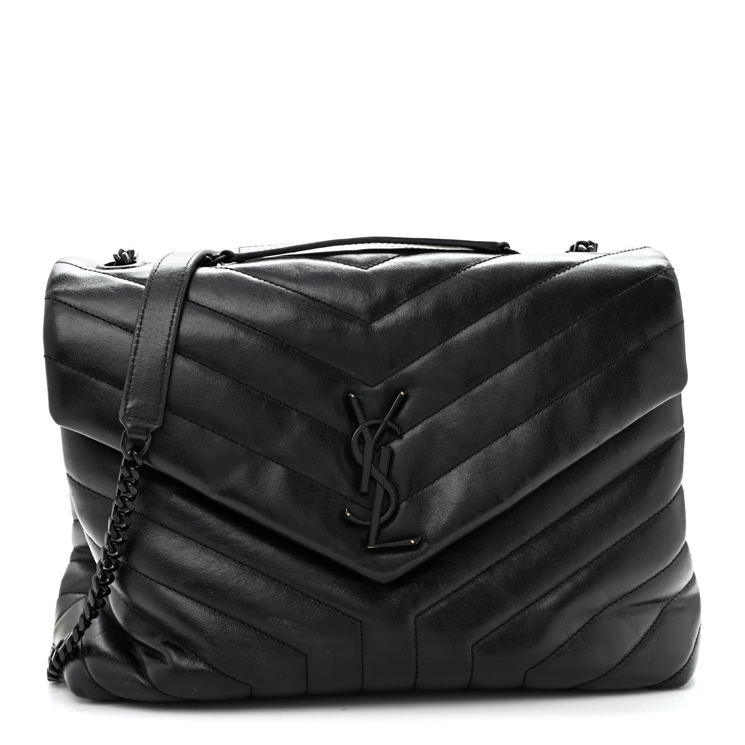 Saint Laurent Calfskin Y Quilted Monogram Monochrome Medium Loulou Chain Satchel Black