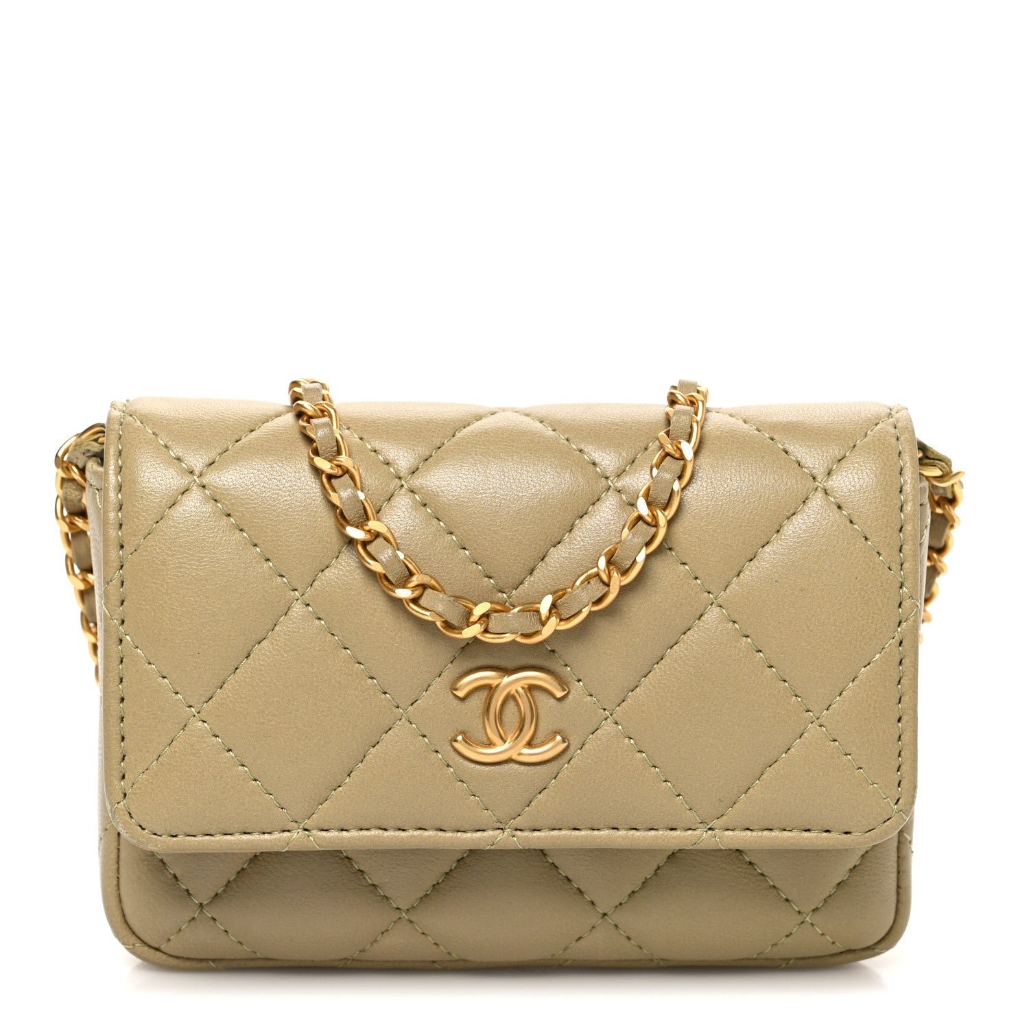 Chanel Lambskin Enamel Quilted Coco Hearts Clutch With Chain Light Green