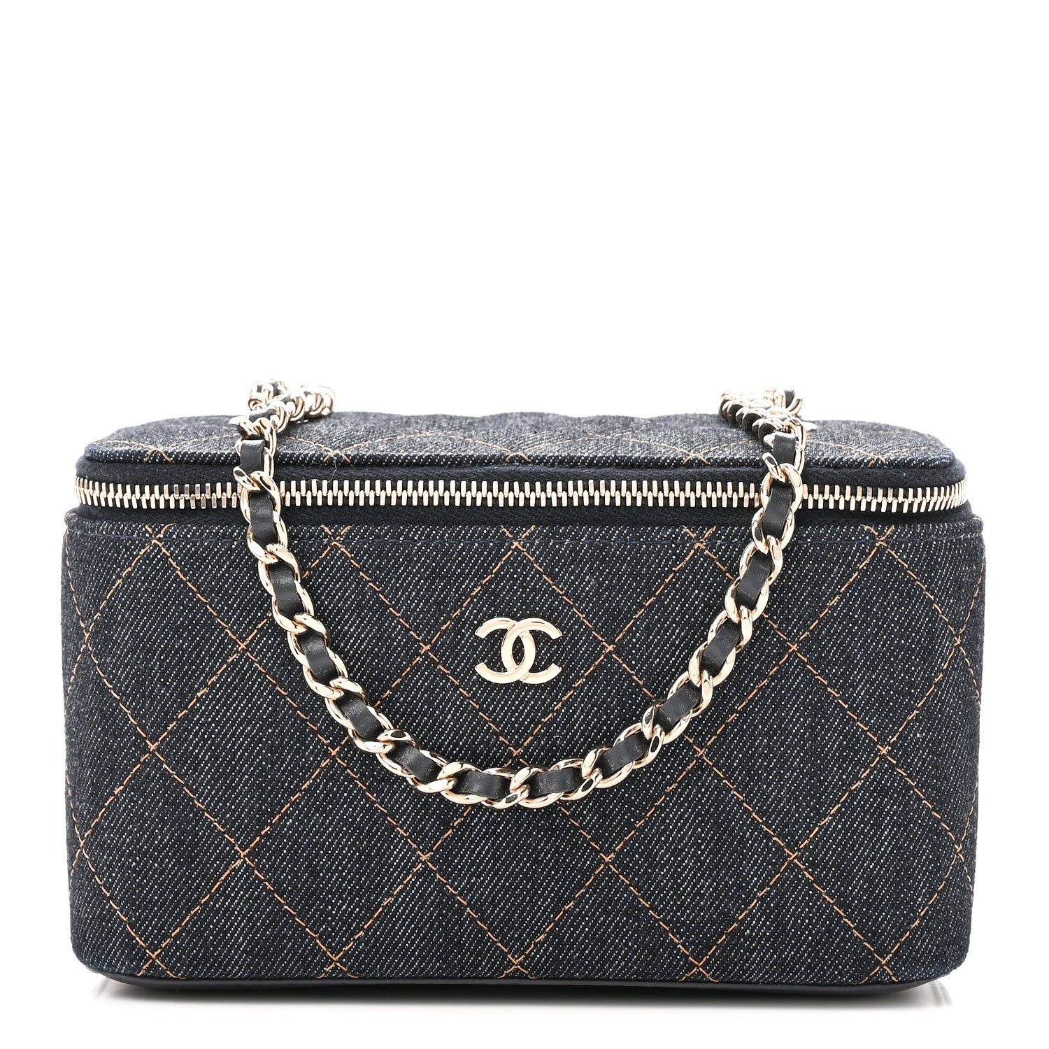 Chanel Denim Quilted Small Vanity Case With Chain Dark Blue Orange