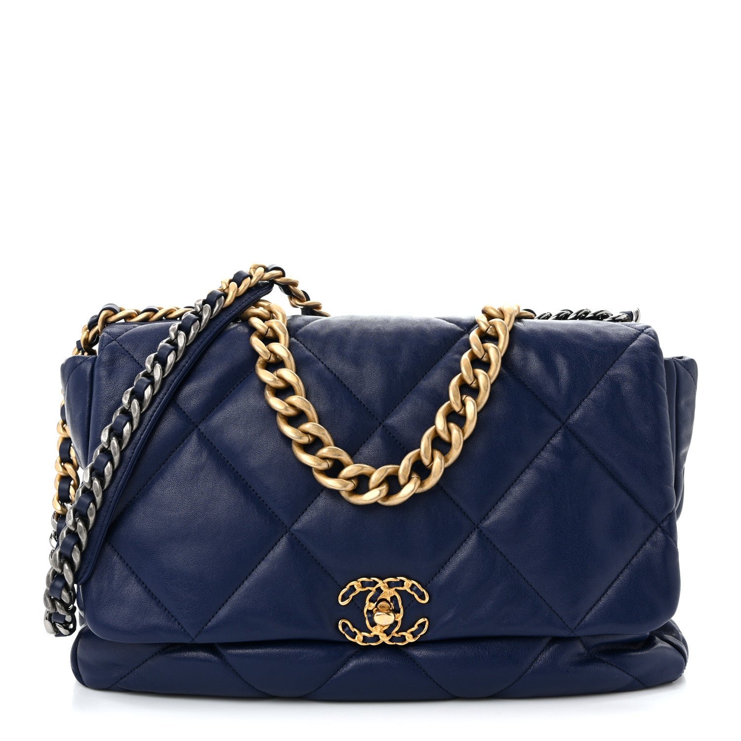 Chanel Goatskin Quilted Maxi Chanel 19 Flap Dark Blue