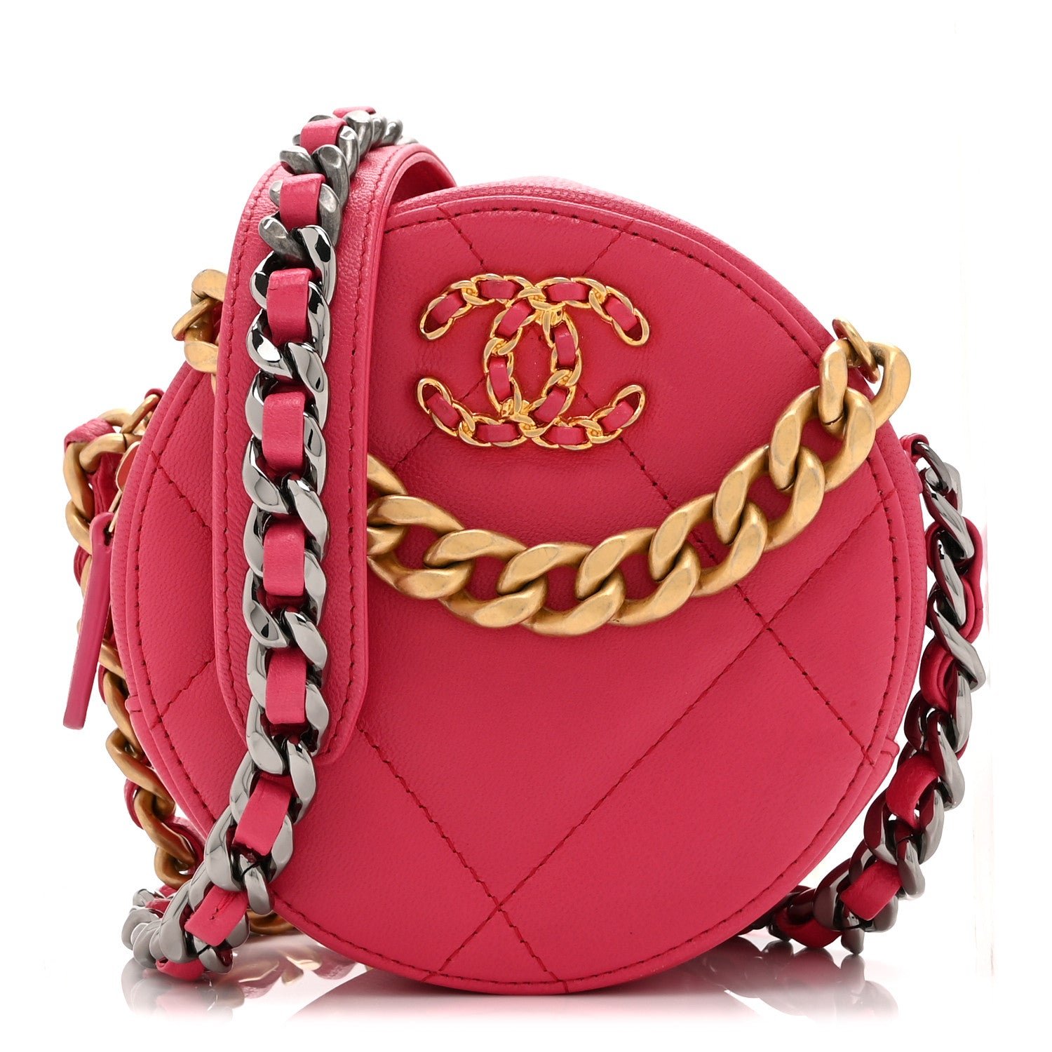 Chanel Lambskin Quilted Chanel 19 Round Clutch With Chain Pink