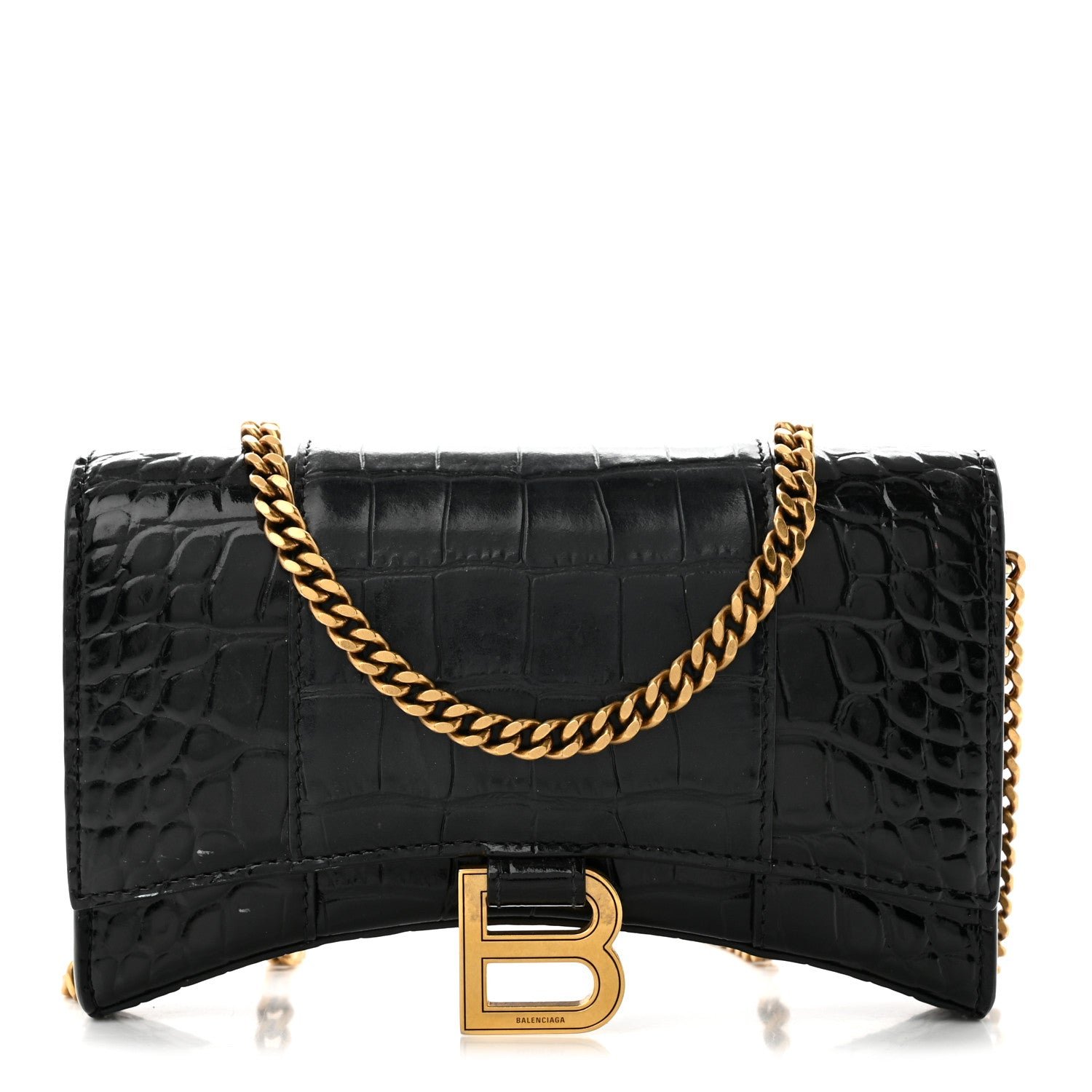Balenciaga Shiny Calfskin Crocodile Embossed Hourglass Chain Bag Black