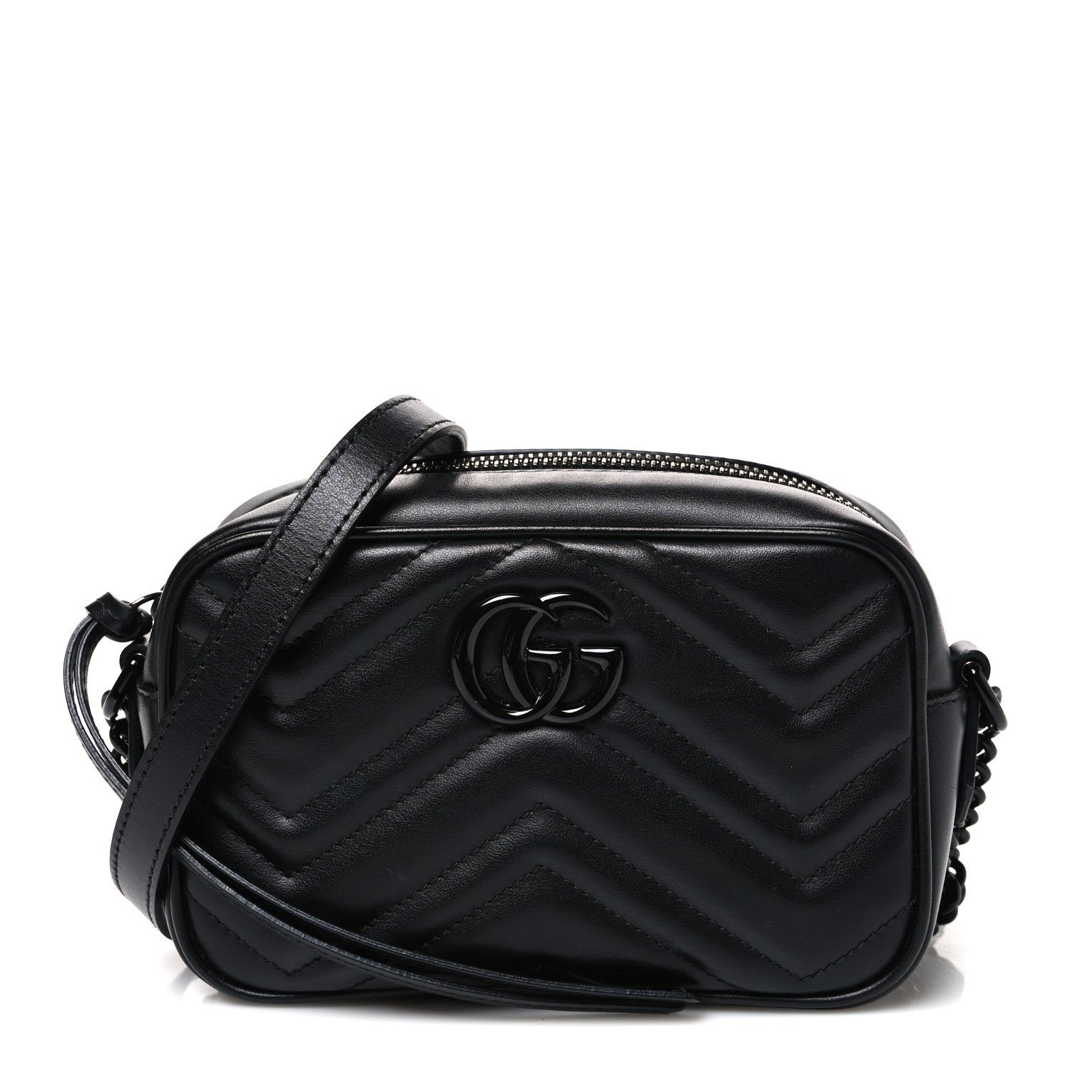 Gucci Calfskin Matelasse Monochrome Mini GG Marmont Chain Shoulder Bag Black