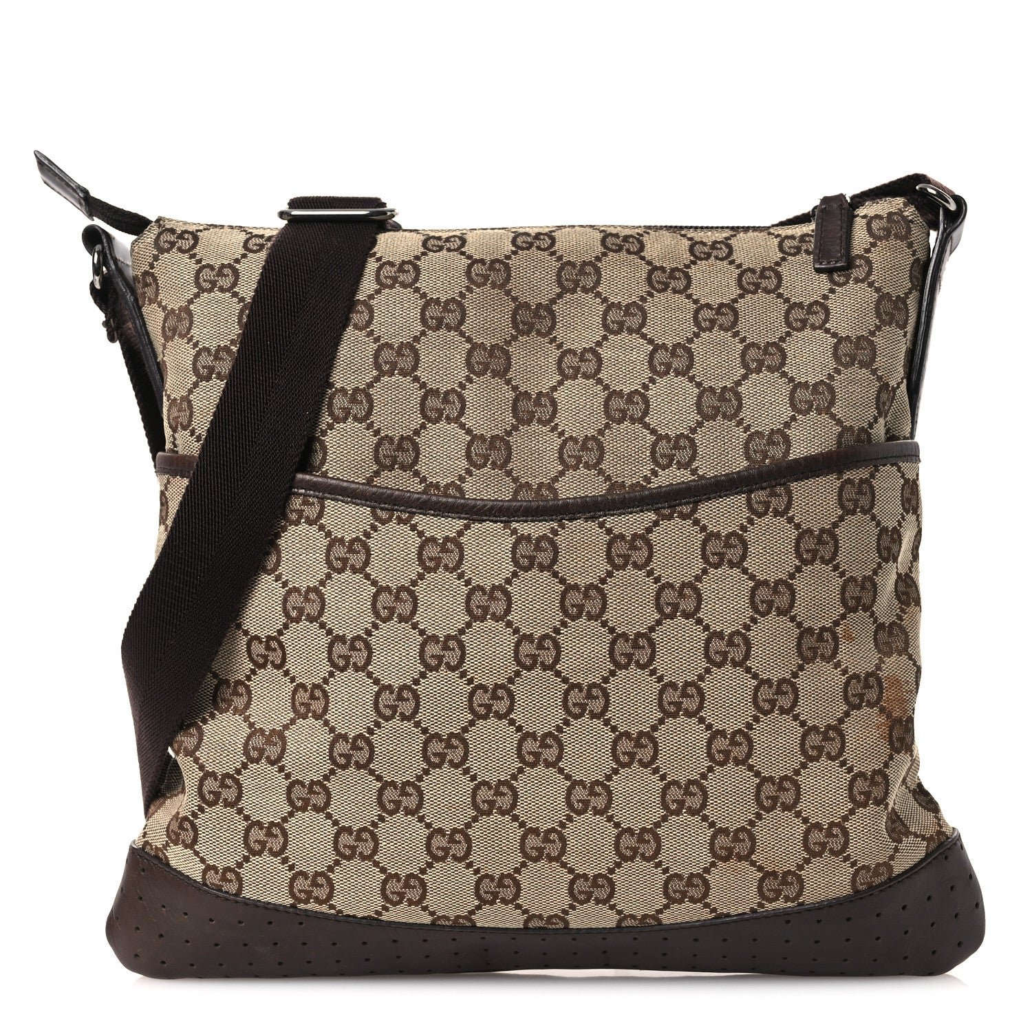 Gucci Monogram Calfskin Perforated Medium Flat Messenger Bag Dark Brown
