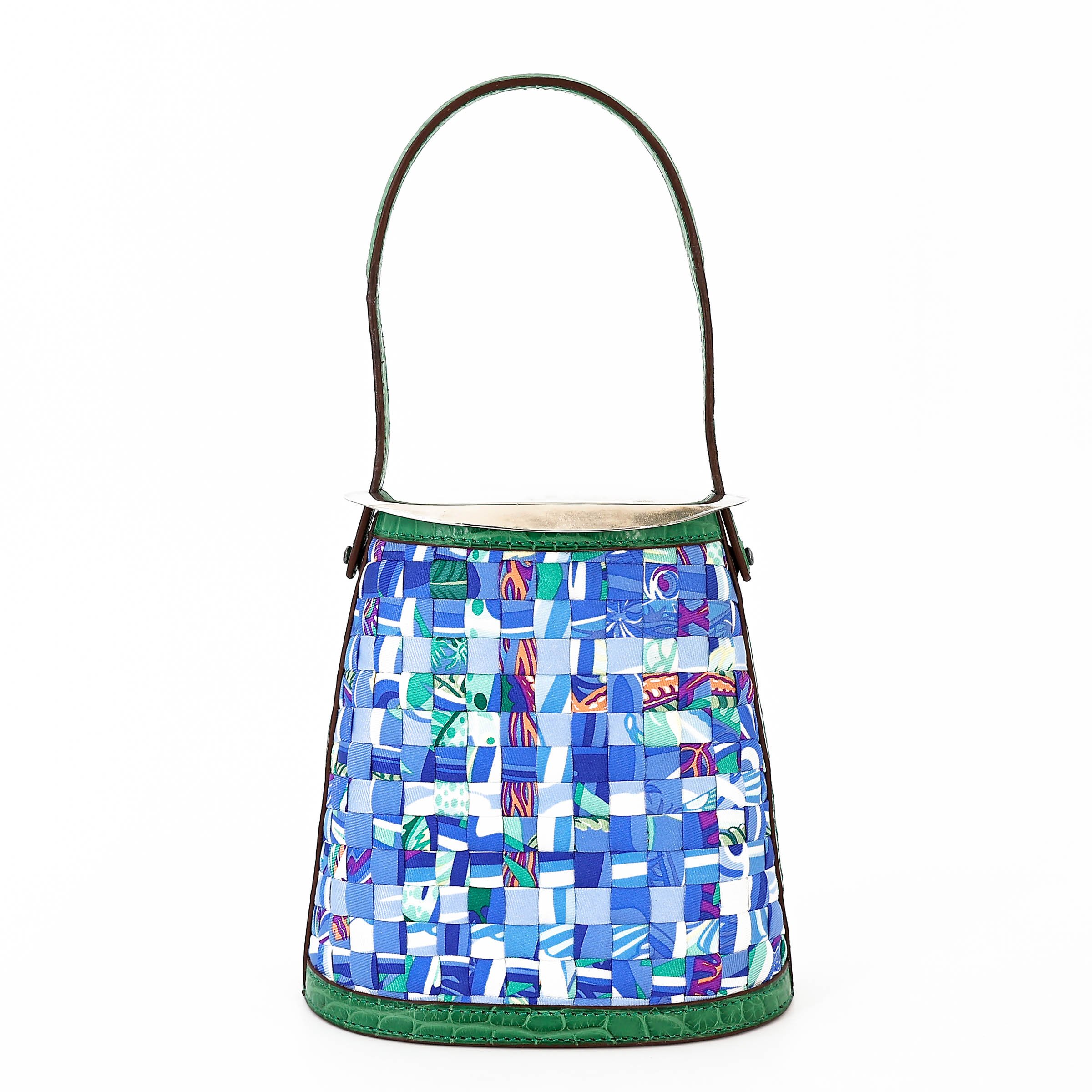 Excellent ( Rank SA ) HERMÈS Stromboli Woven Patchwork Bucket Bag Green Blue Matte Alligator Silver 925 Palladium hardware