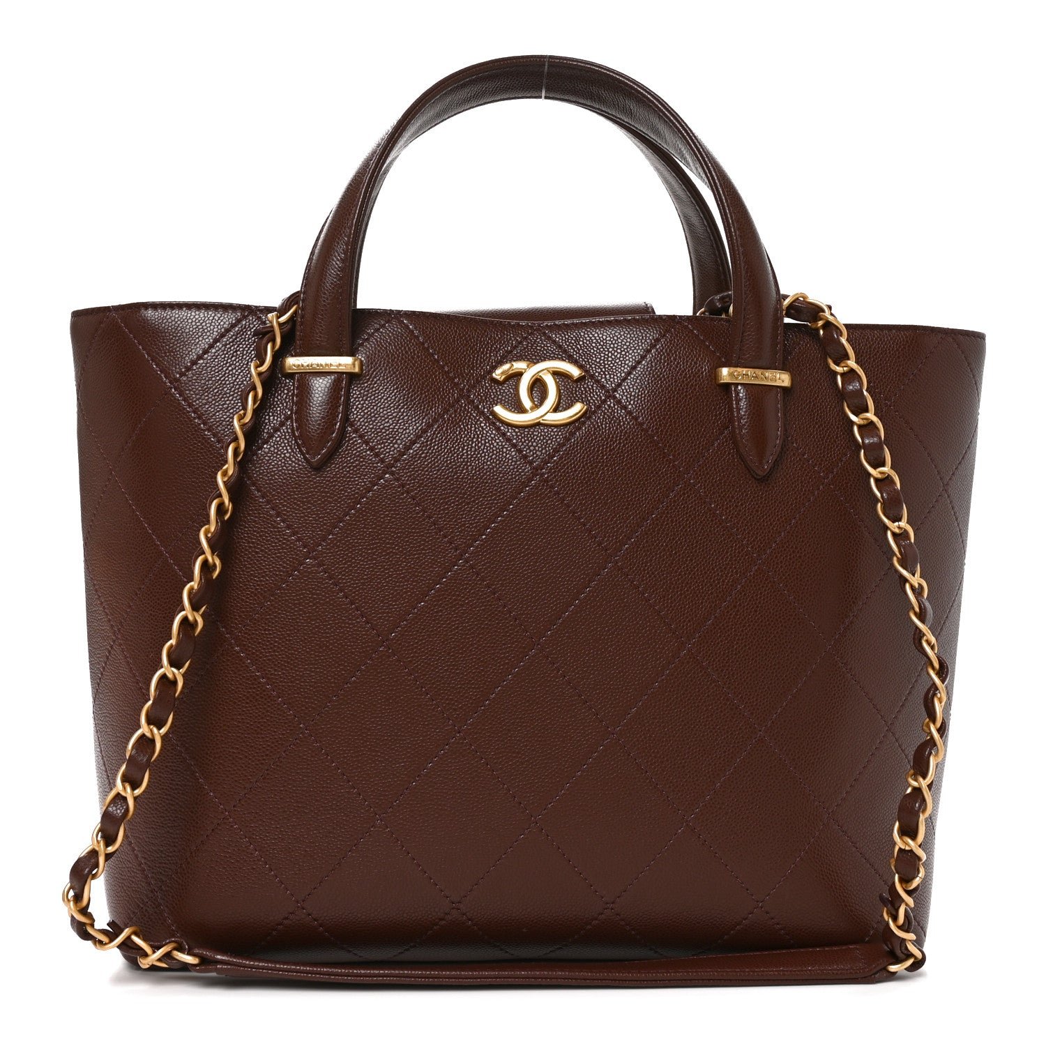 Grained Calfskin Stitched Small Shopping Tote Dark Brown