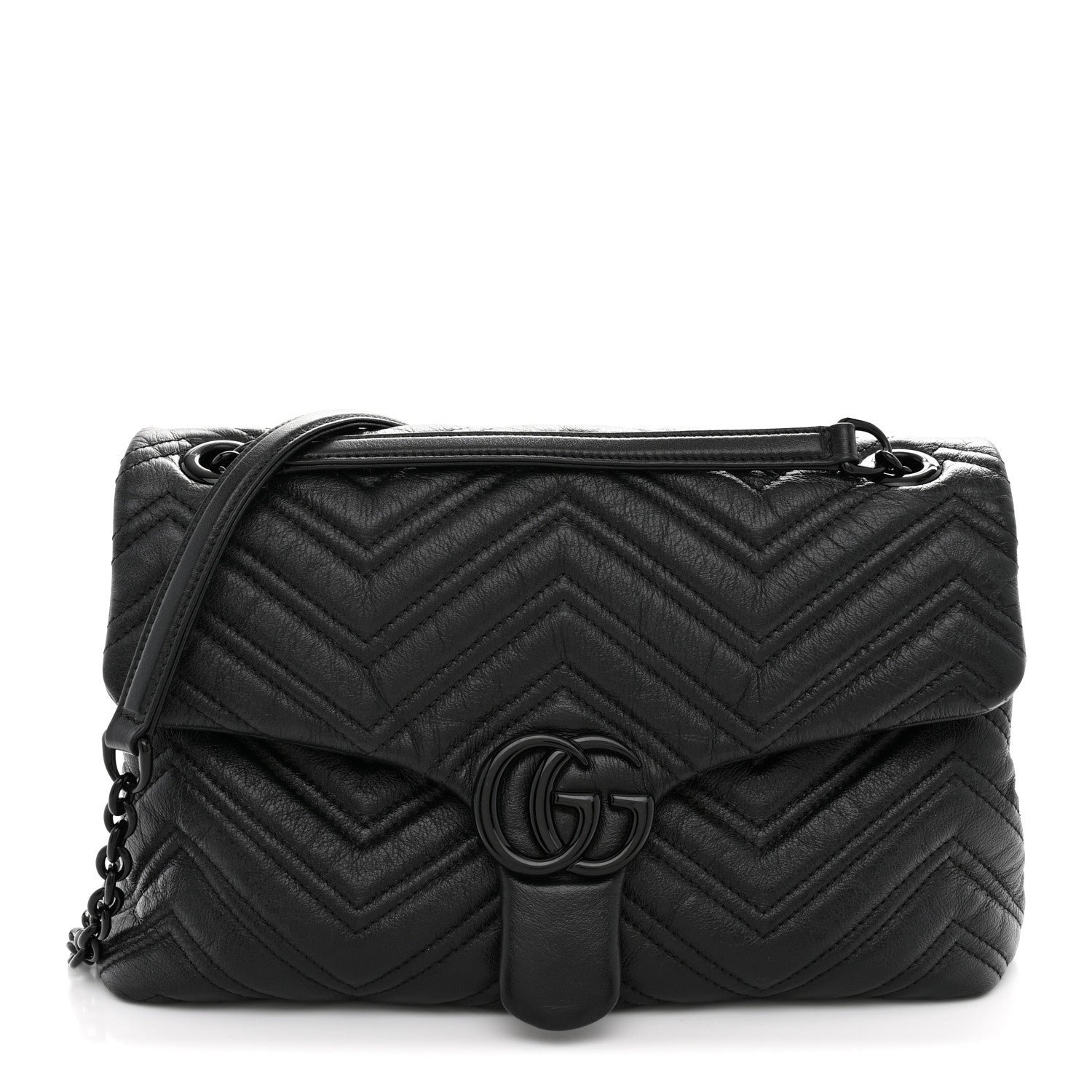 Gucci Soft Calfskin Matelasse Monochrome Medium GG Marmont Shoulder Bag Black