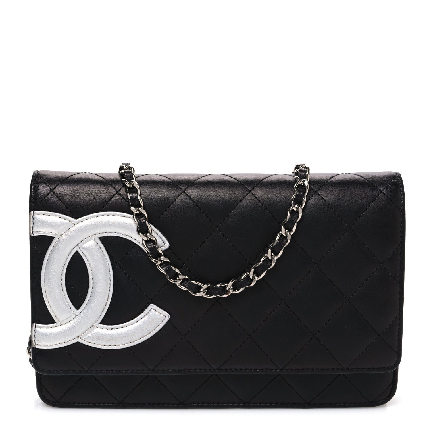 Chanel Calfskin Quilted Cambon Wallet on Chain WOC Black Silver