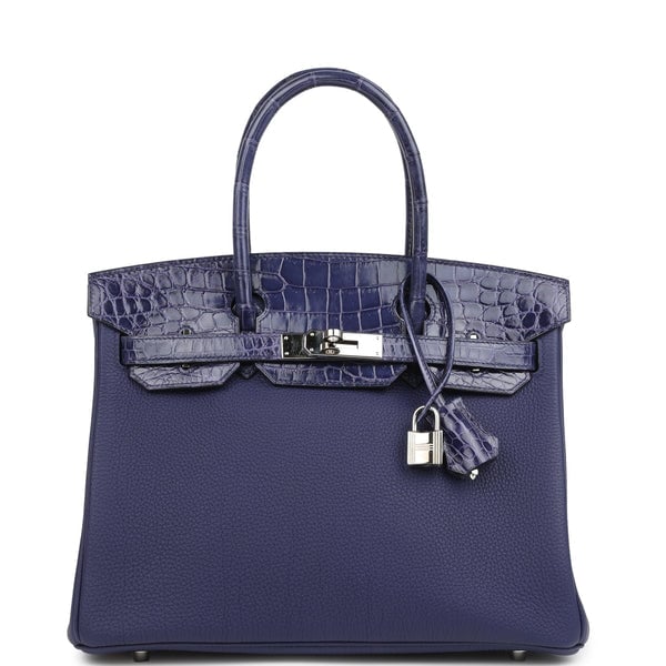 Hermes Pre-owned Hermes Birkin 30 Bleu Encre Togo and Shiny Niloticus Crocodile Touch Palladium Hardware