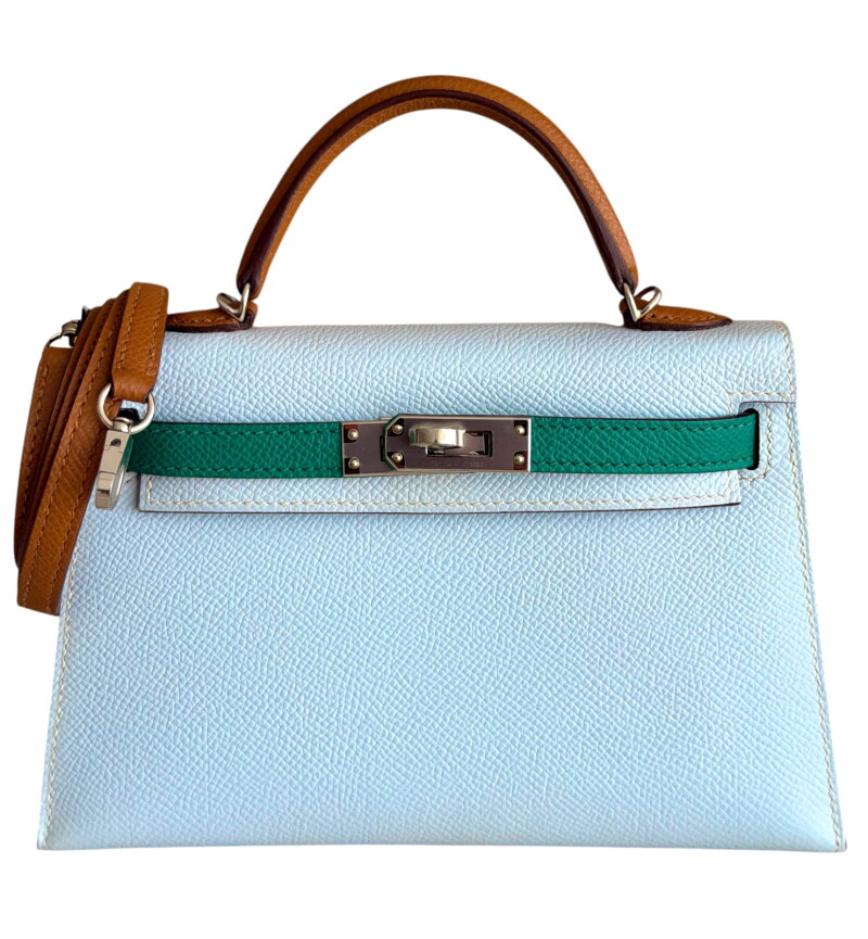Bleu Brume, Vert Jade, and Gold Tri-Color Epsom Mini Kelly 20 II Palladium Hardware, 2021