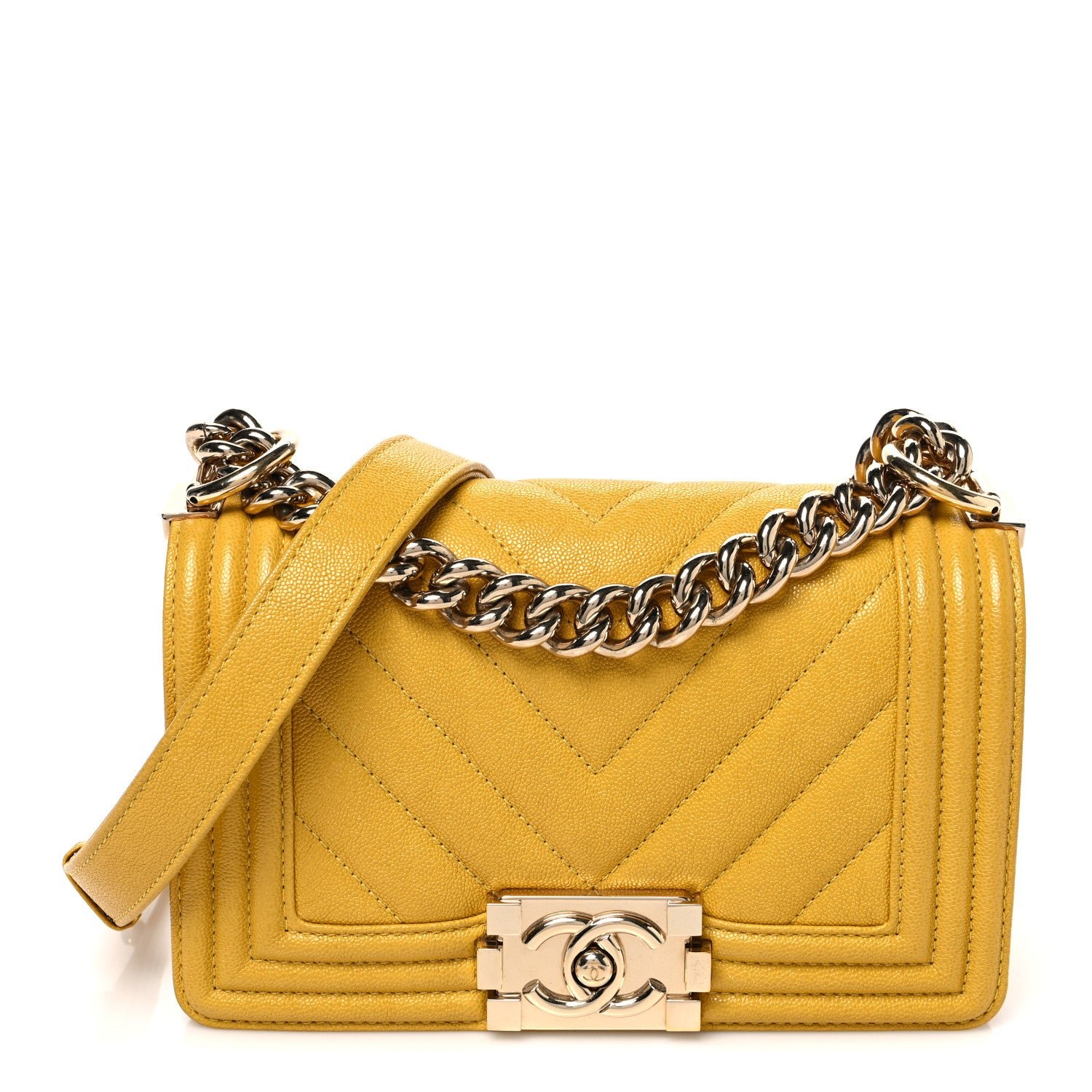 Chanel Caviar Chevron Quilted Small Boy Flap Yellow
