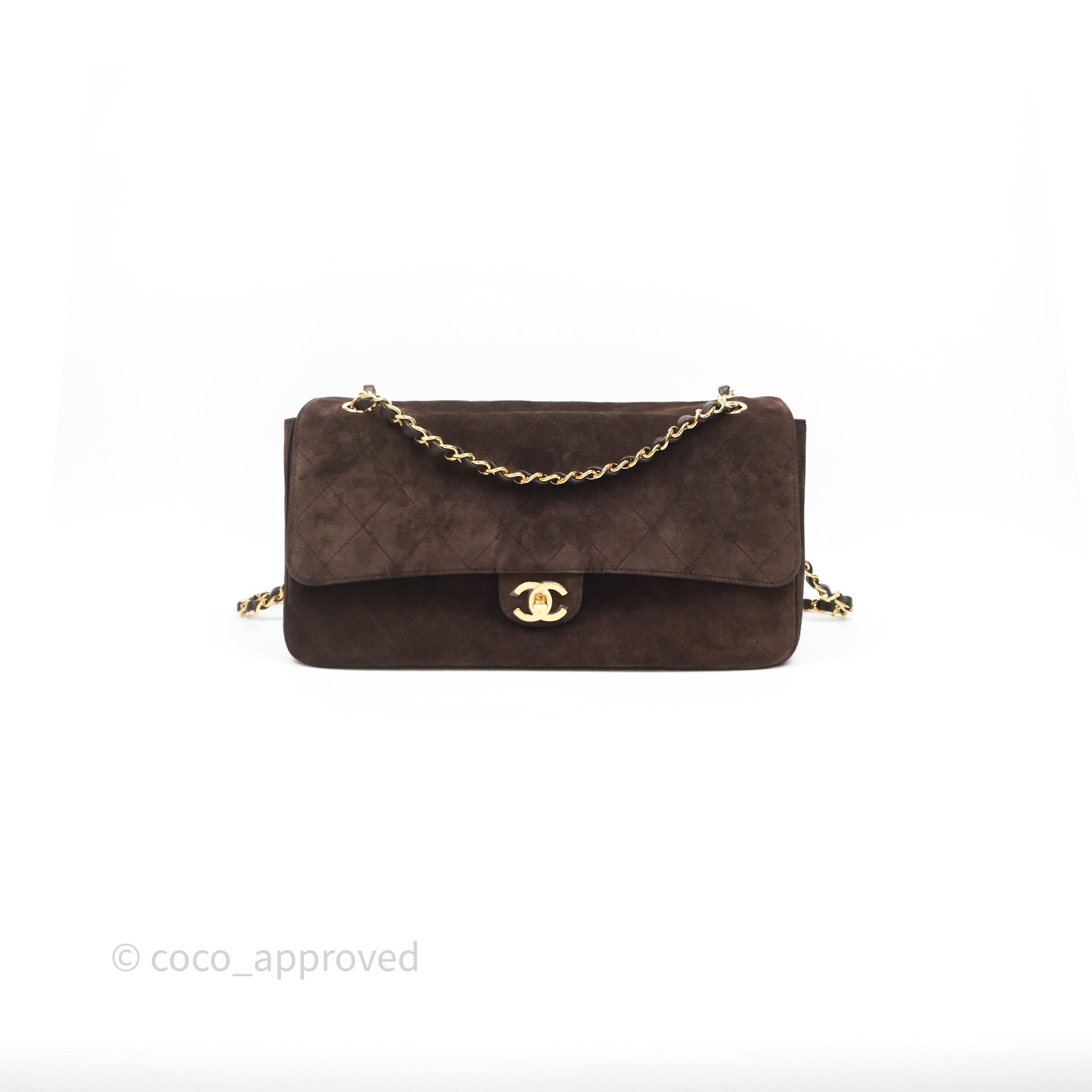 Chanel Maxi Flap Bag 32cm Suede Calfskin Dark Brown Gold Hardware