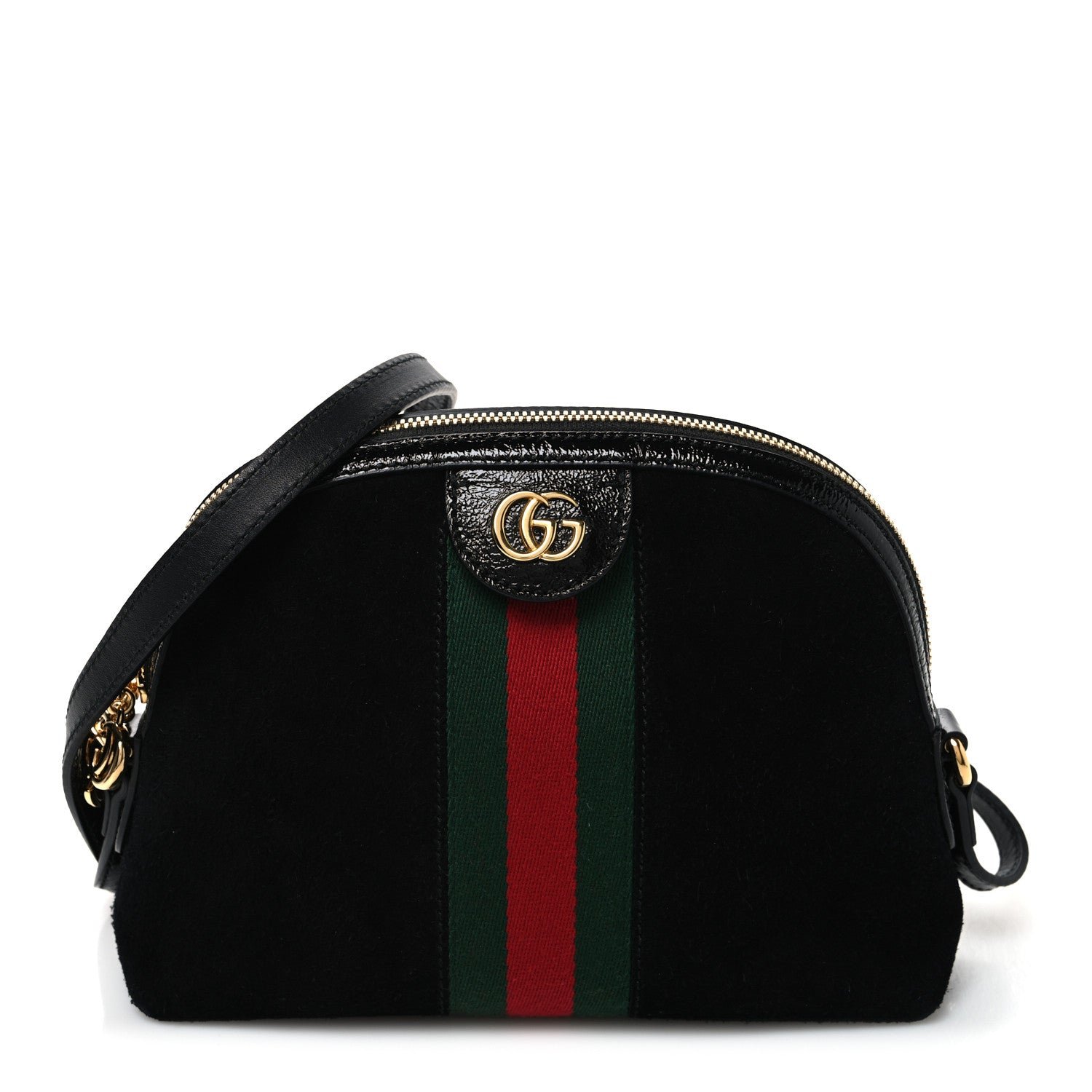 Gucci Suede Patent Web GG Small Ophidia Dome Shoulder Bag Black