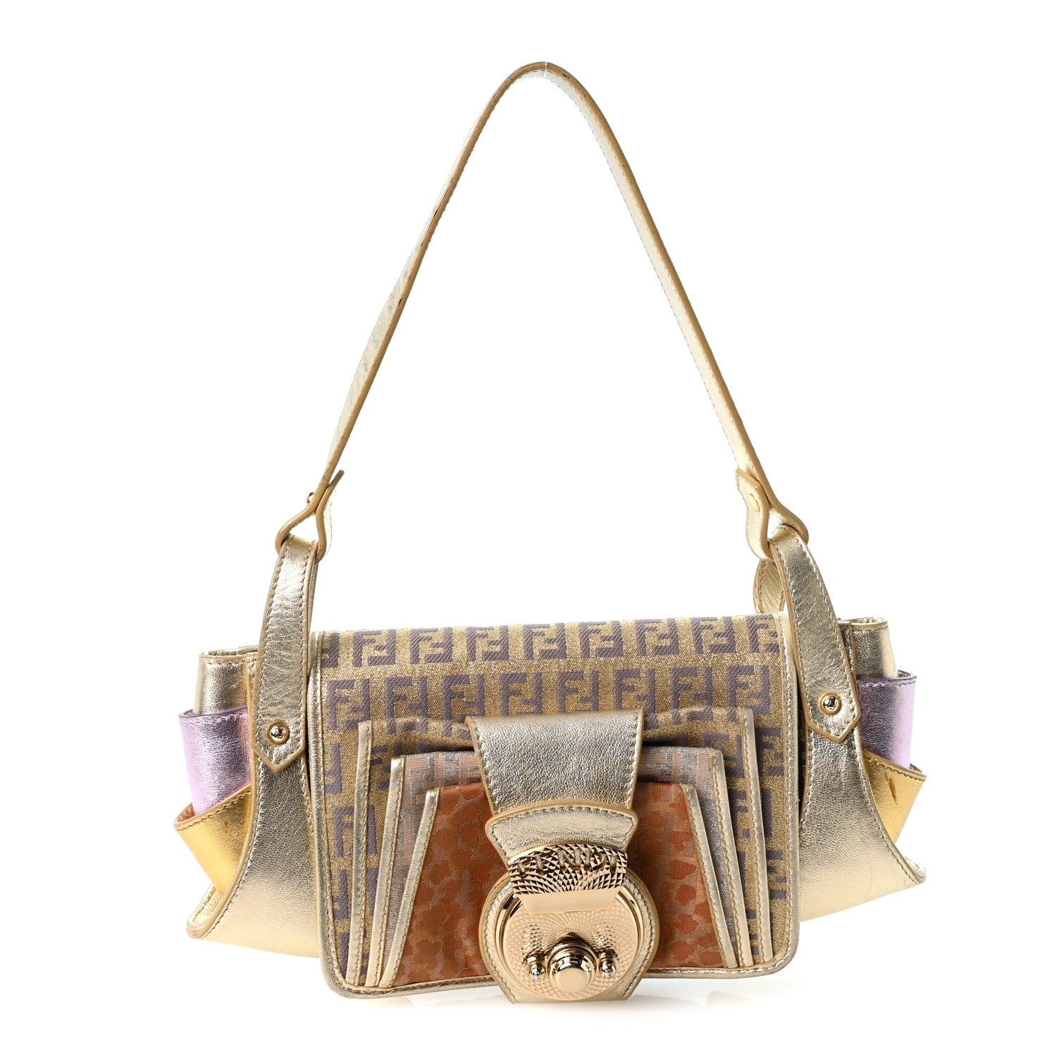 Fendi Metallic Calfskin Jacquard Zucchino Leopard Print Compilation Hobo Gold Multicolor