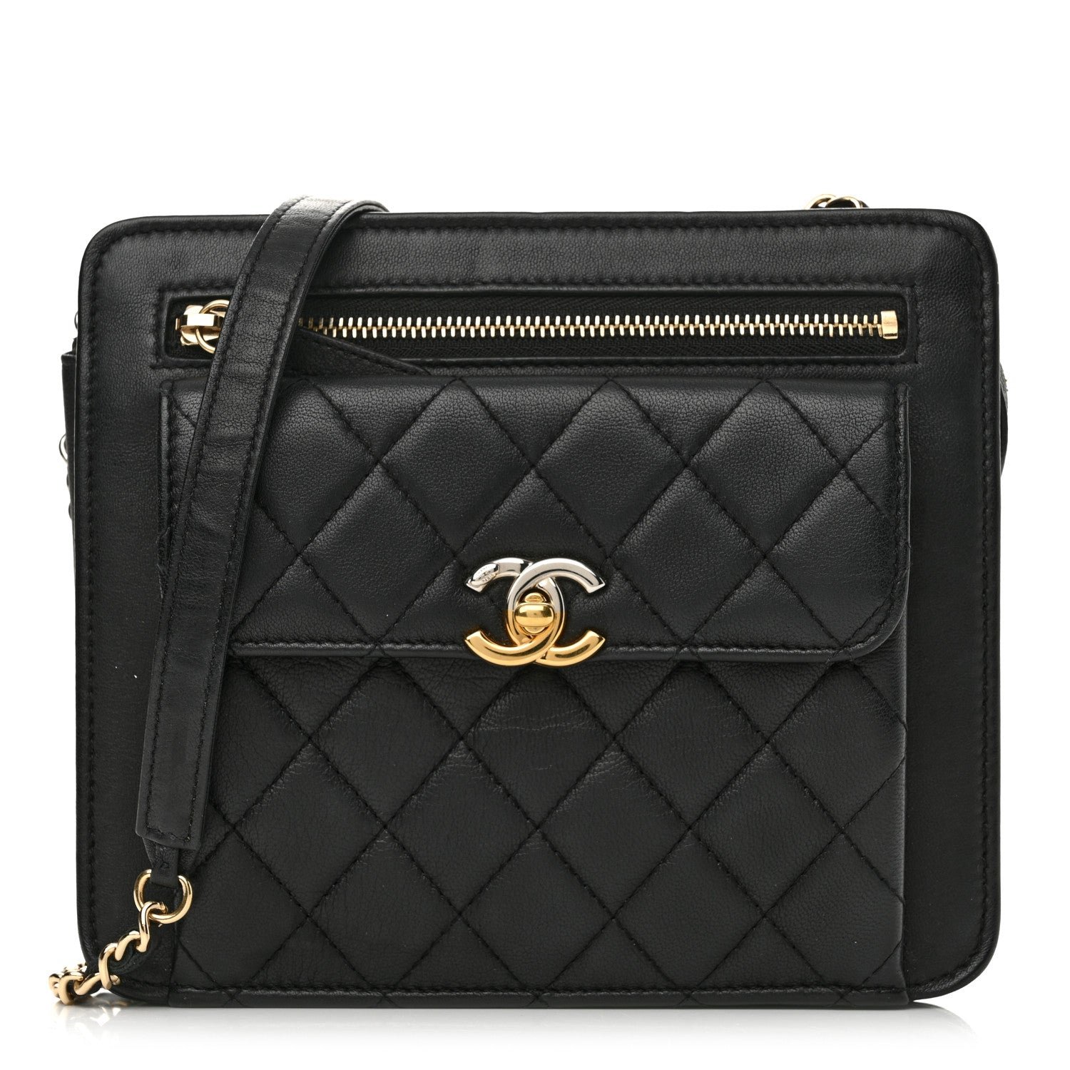 Chanel Lambskin Quilted Square Front Pocket Clutch With Chain Black