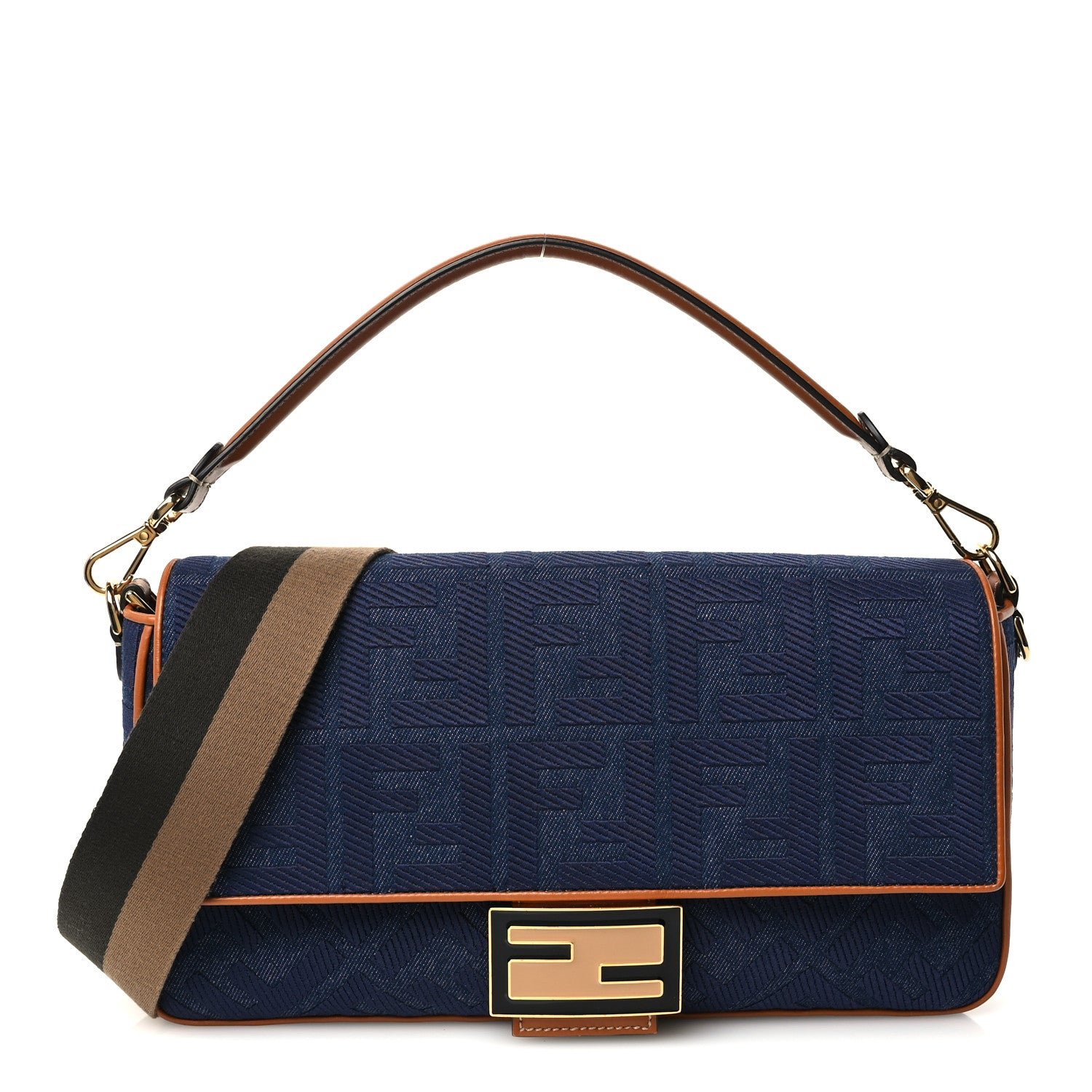 Fendi Denim Vitello King FF Embroidered Large Baguette Blue Cuoio