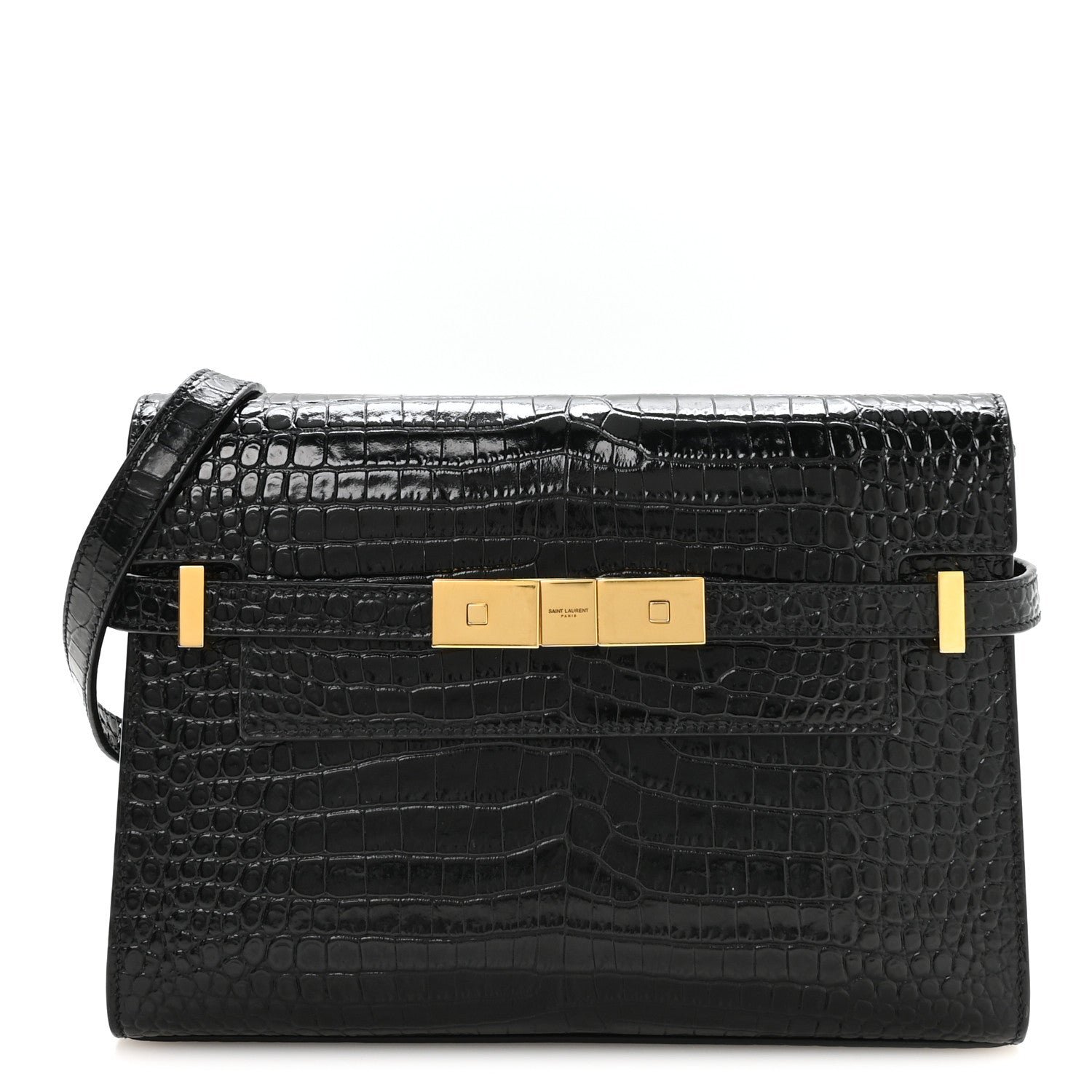 Saint Laurent Shiny Calfskin Crocodile Embossed Small Manhattan Baguette Black