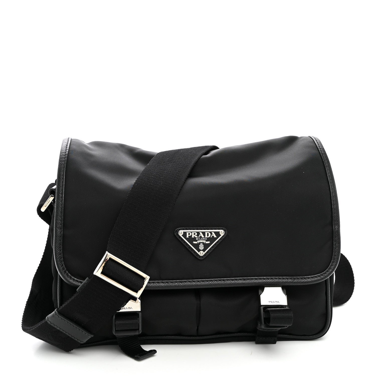 Prada Tessuto Nylon Saffiano Double Snap Buckle Messenger Bag  Black