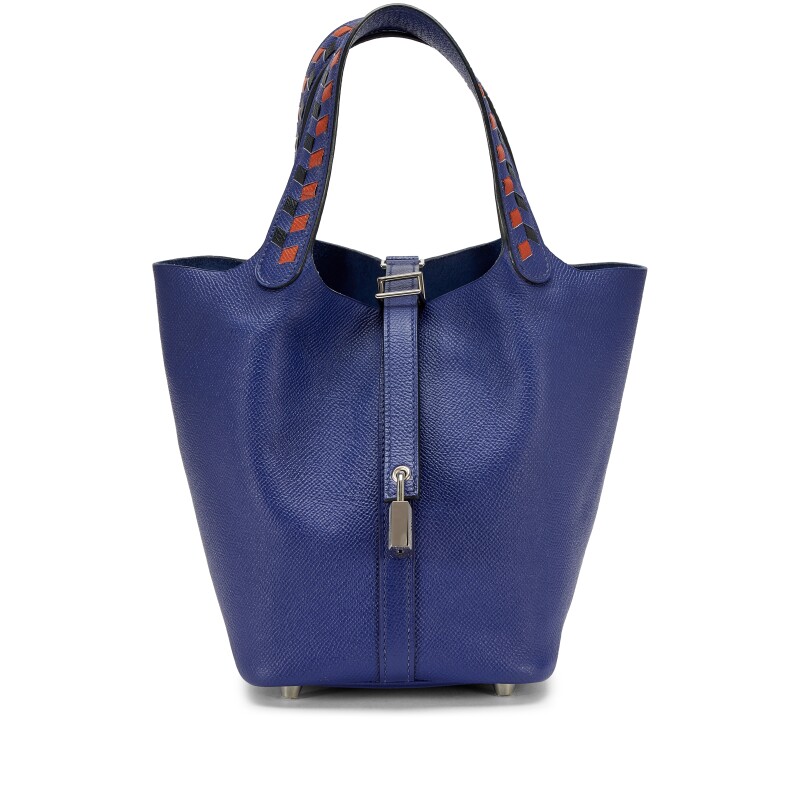 Hermes Bleu Encre, Black and Brique Epsom Tressage Picotin Lock 18 Bag Palladium Hardware, 2018