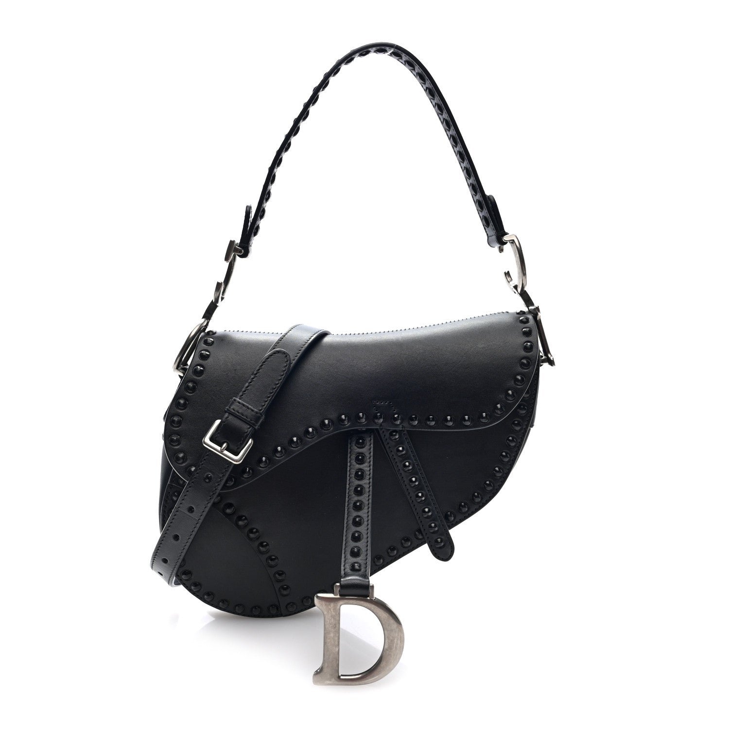 Christian Dior Calfskin Studded Saddle Bag With Strap Black