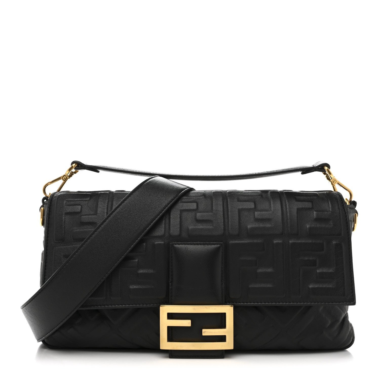 Fendi Nappa FF 1974 Embossed Large Baguette Black