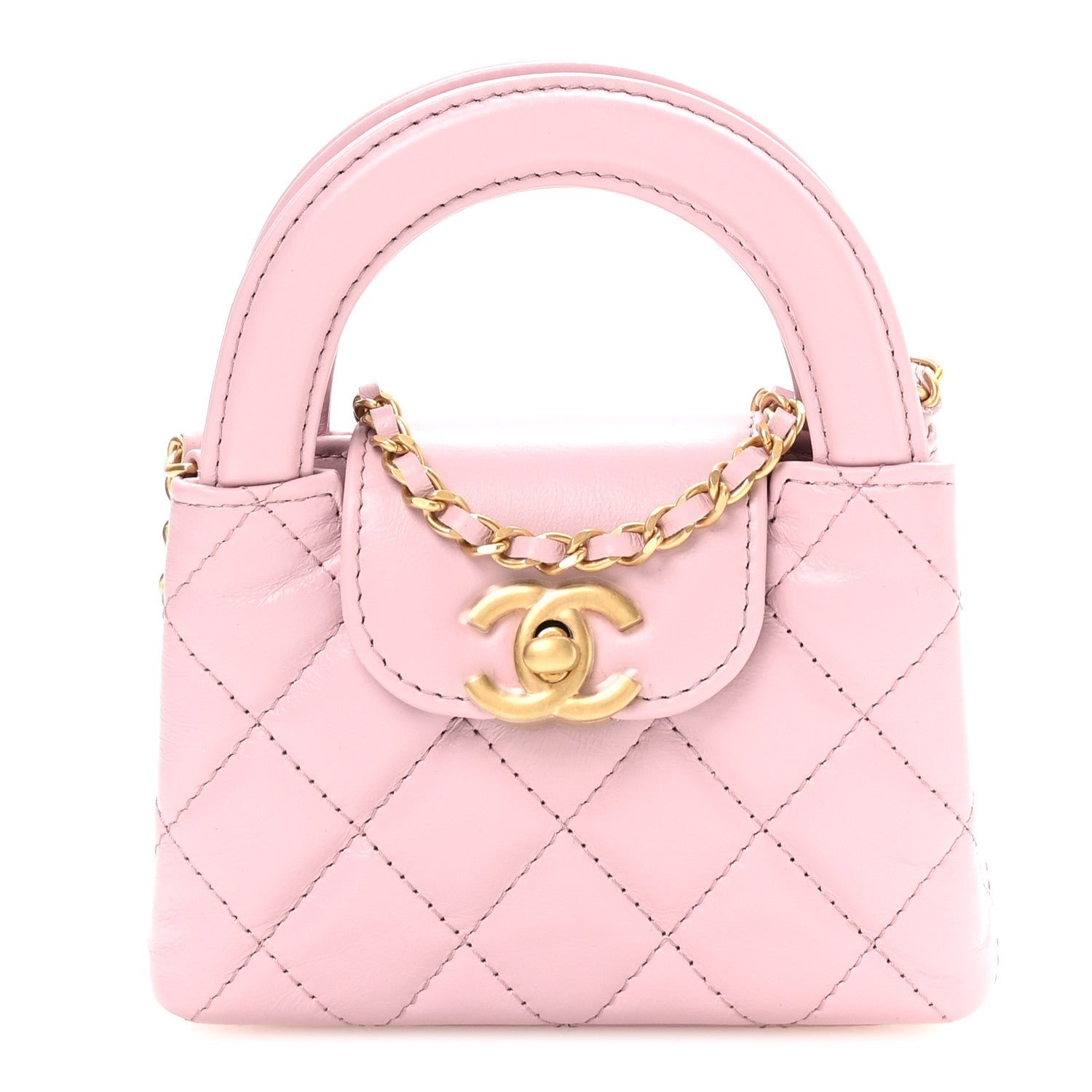 Chanel Shiny Aged Calfskin Quilted Mini Nano Kelly Shopper Pink