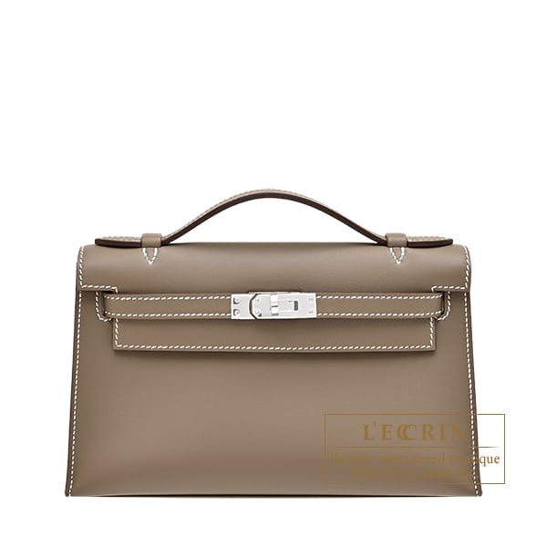 Hermes Kelly pochette Etoupe grey Swift leather Silver hardware