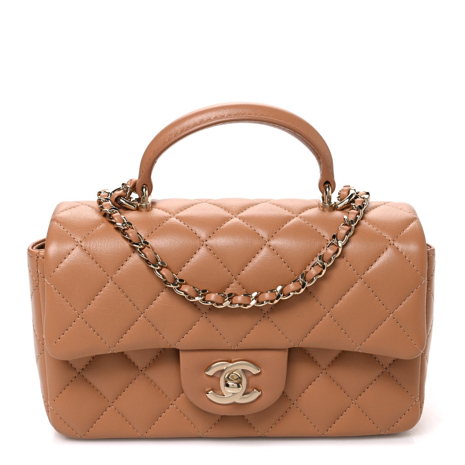 Chanel Lambskin Quilted Mini Top Handle Rectangular Flap Dark Beige