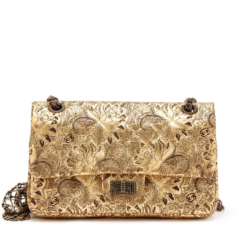 Gold Brocade Hand Painted Lace Quilted Buffalo Paris-Moscow 2.55 Reissue 225 Double Flap Bag Antique Gold Hardware, 2009