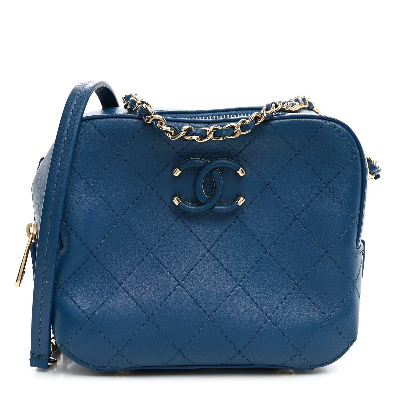 Chanel Calfskin Stitched Enamel CC Camera Case Bag Blue