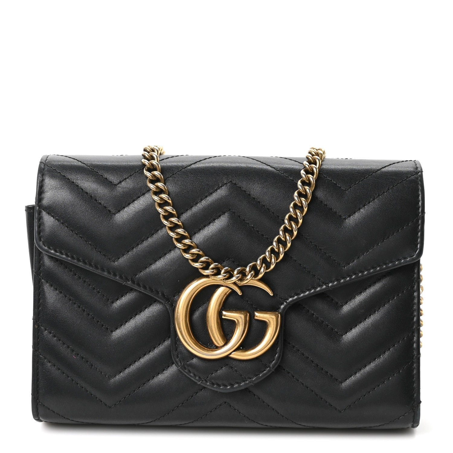 Gucci Calfskin Matelasse GG Marmont Chain Wallet Black