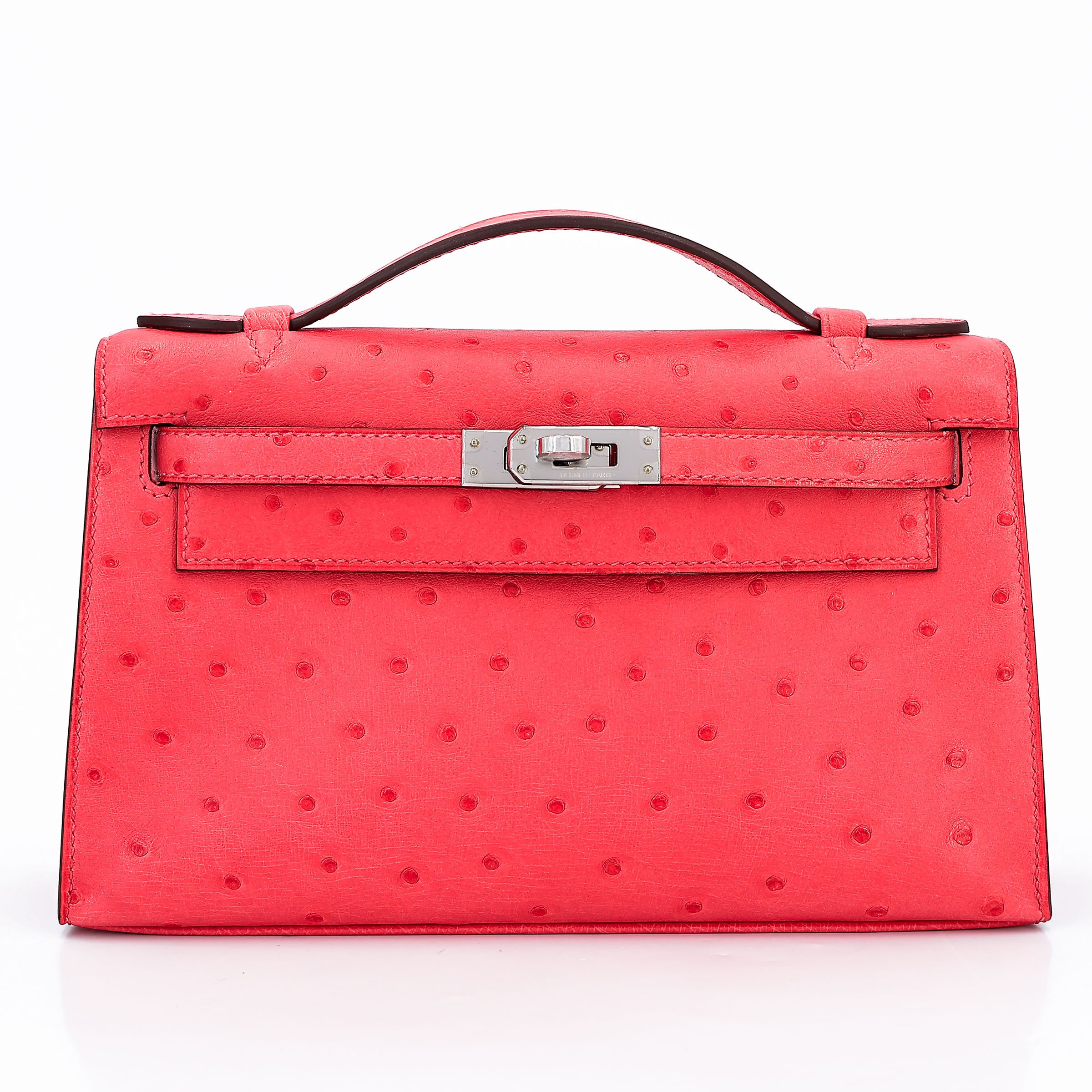 Hermes Excellent ( Rank SA ) HERMÈS Kelly Pochette Rose Texas (0E) Ostrich Palladium hardware B (2023)
