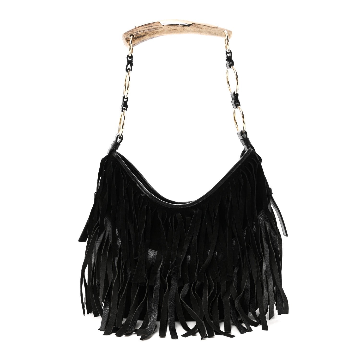 Saint Laurent Suede Calfskin Fringe Buffalo Horn Mombasa Hobo Black