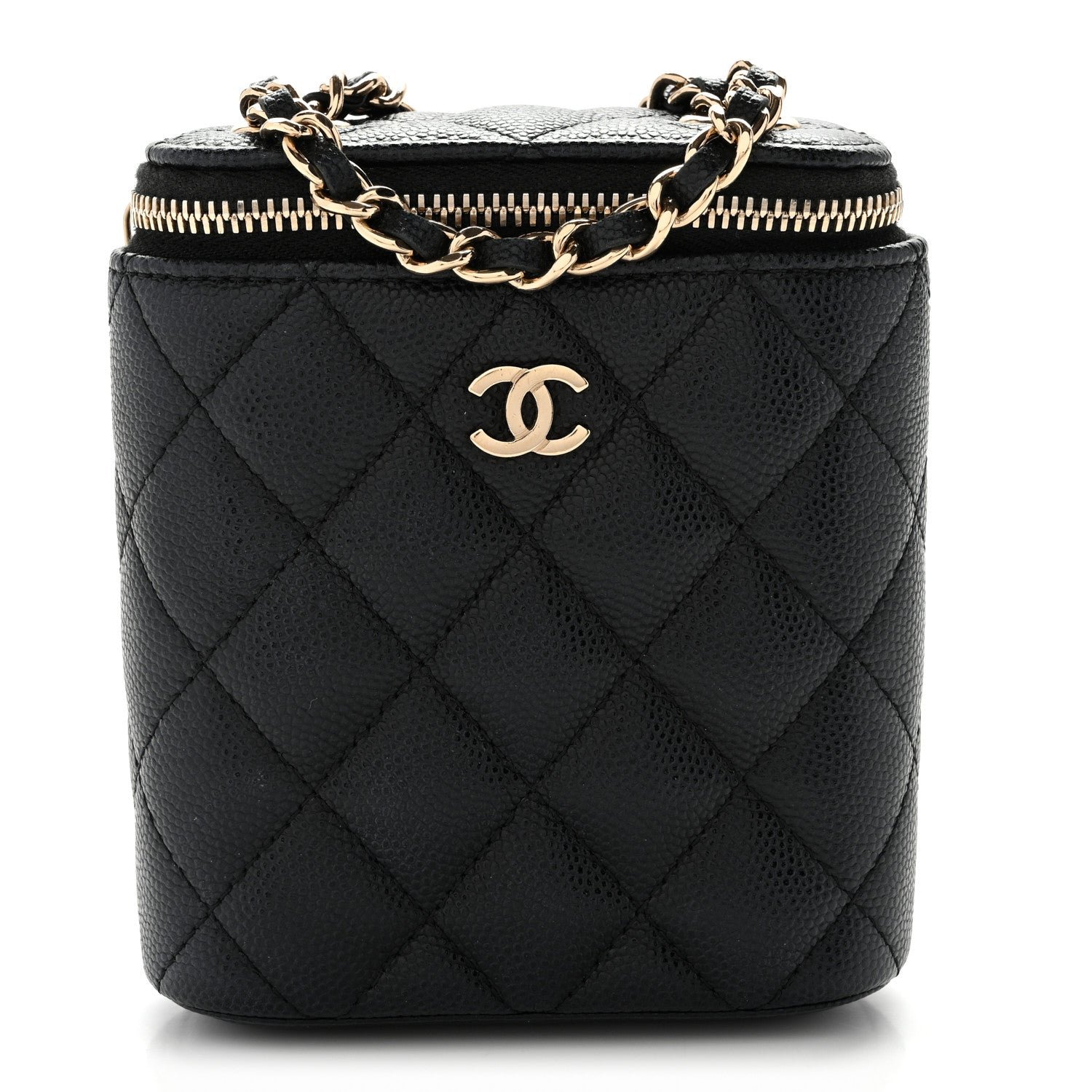 Chanel Caviar Quilted Small Vertical Coco Beauty Vanity Case With Chain Black