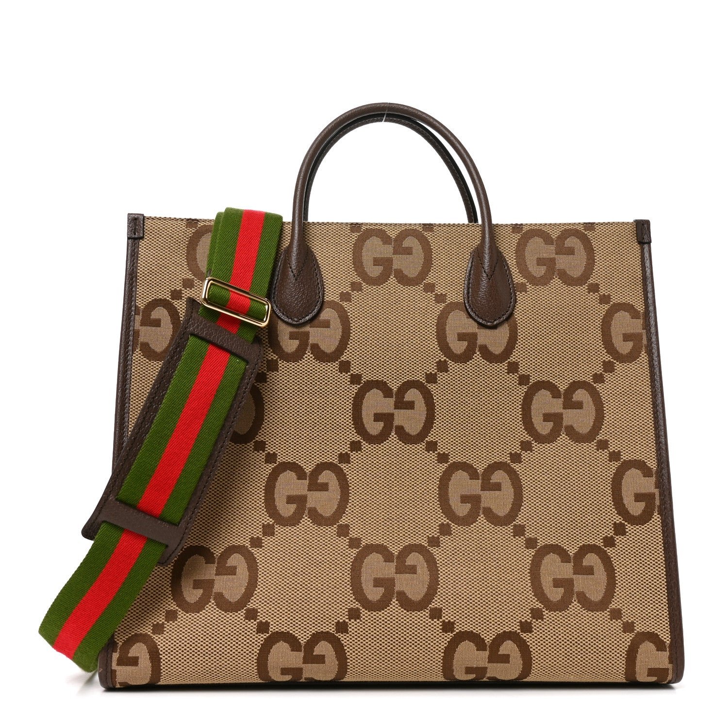 Gucci Monogram Jumbo GG Textured Dollar Calfskin Web Tote Bag Camel Ebony New Acero