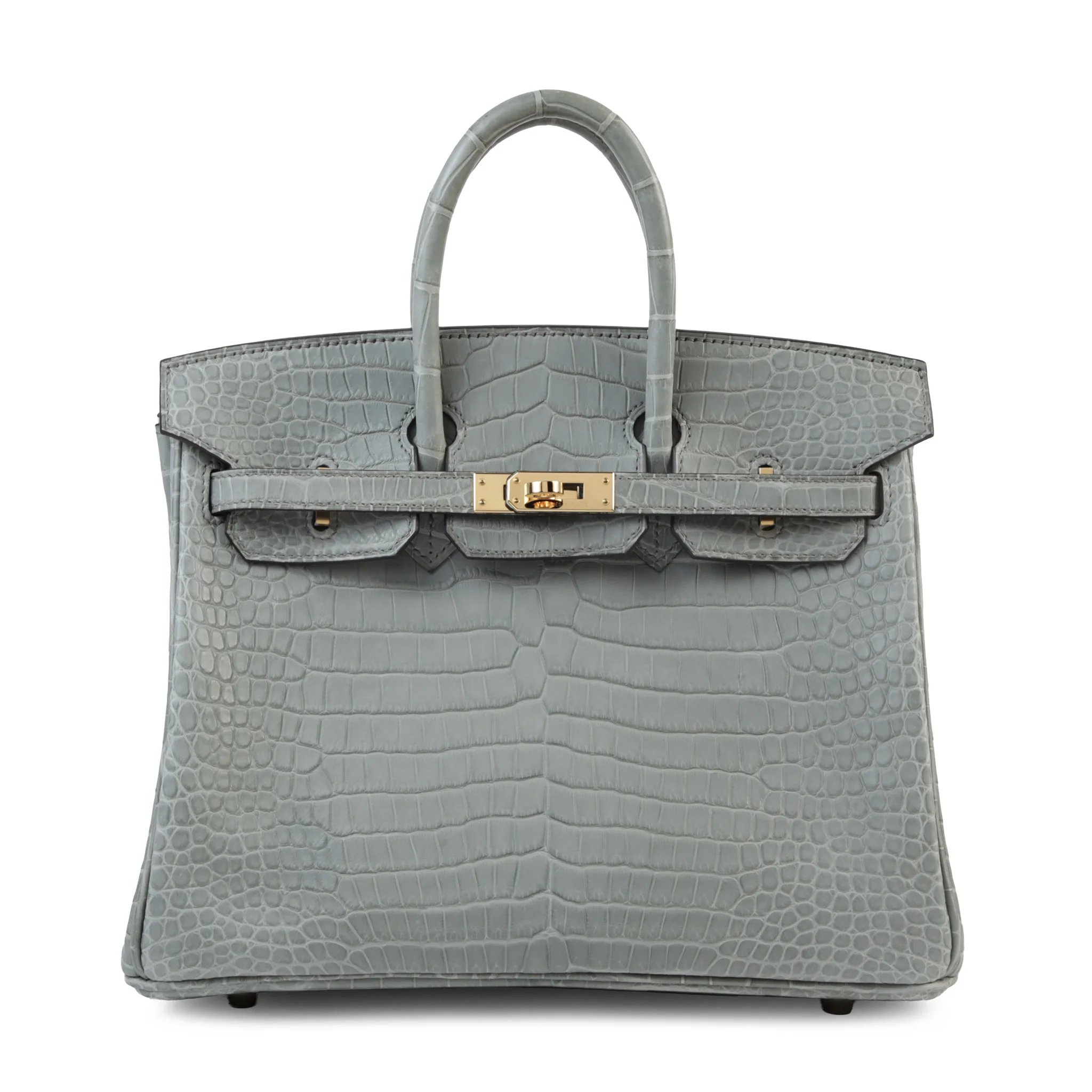 Very Good ( Rank A) HERMÈS Birkin 25 Gris Ciment (0V) Matte Porosus Crocodile Gold hardware B (2023)