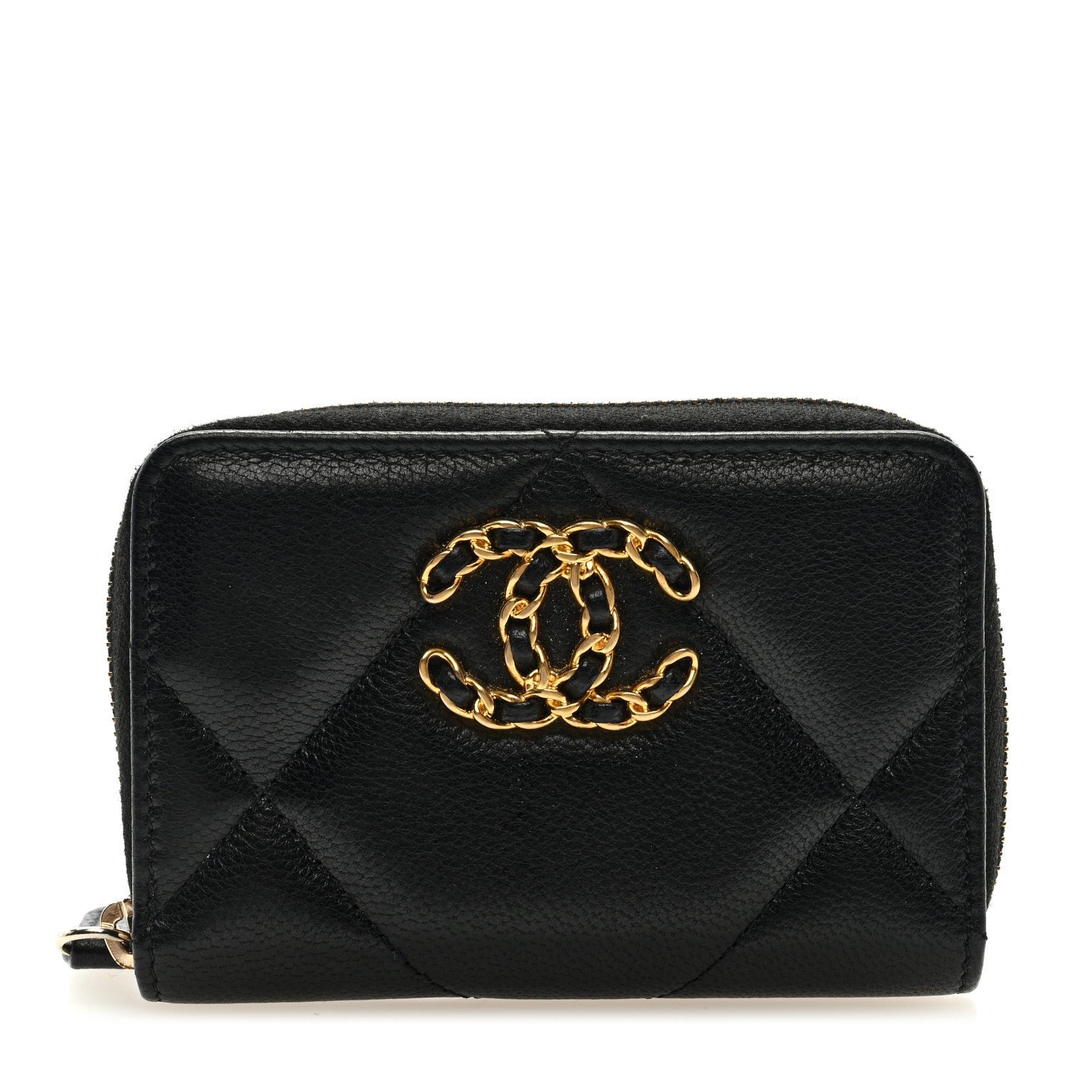 Chanel Goatskin Quilted Chanel 19 Zip Around Coin Purse Wallet Black