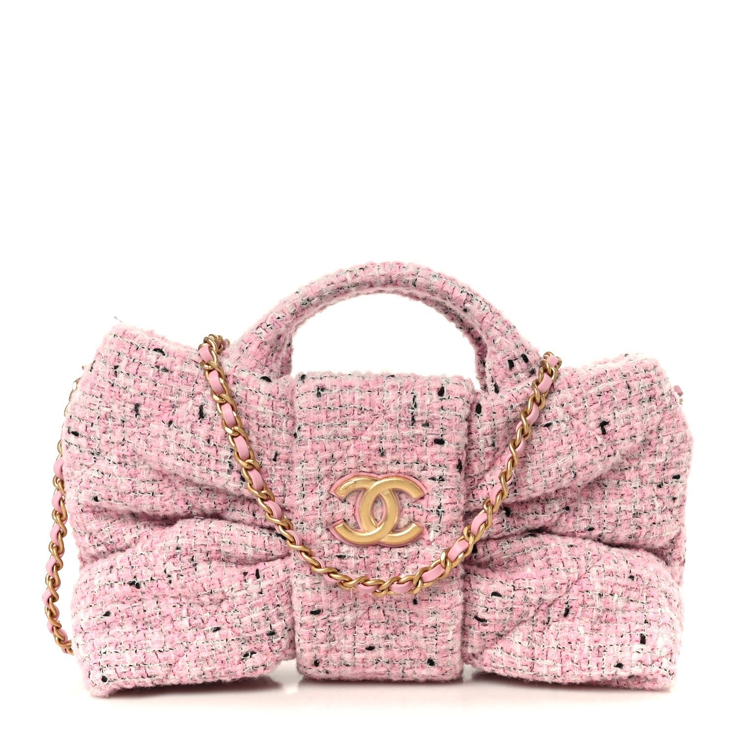 Chanel Tweed Quilted Mini Bow Bag Pink Black Ecru