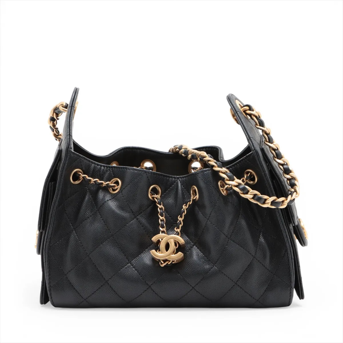 Chanel Chanel 25 Mini Caviar Skin Chain Shoulder Bag Black Gold Metal Fittings r