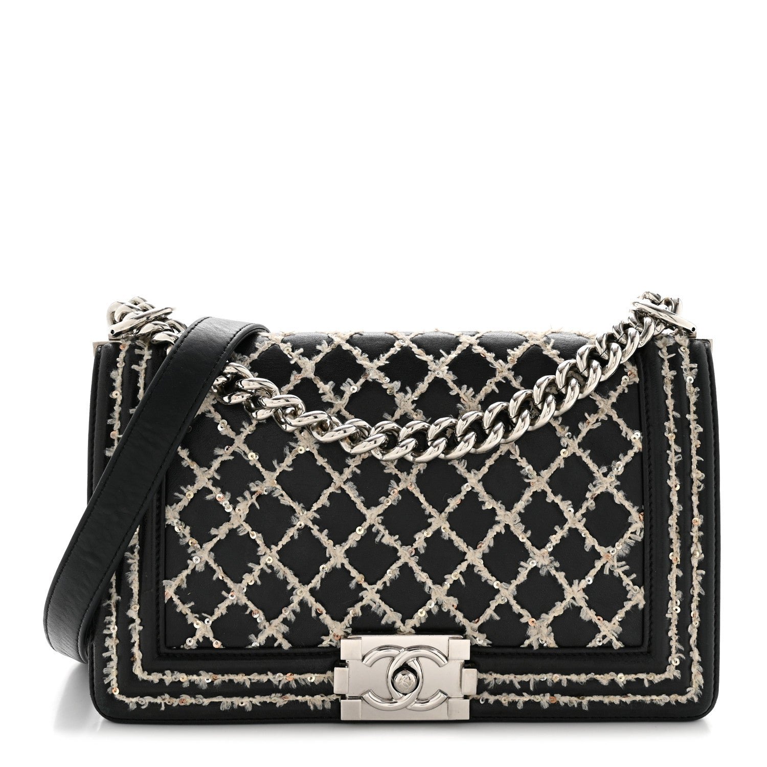 Chanel Chanel Calfskin Tweed Sequin Stitched Medium Boy Flap Black White