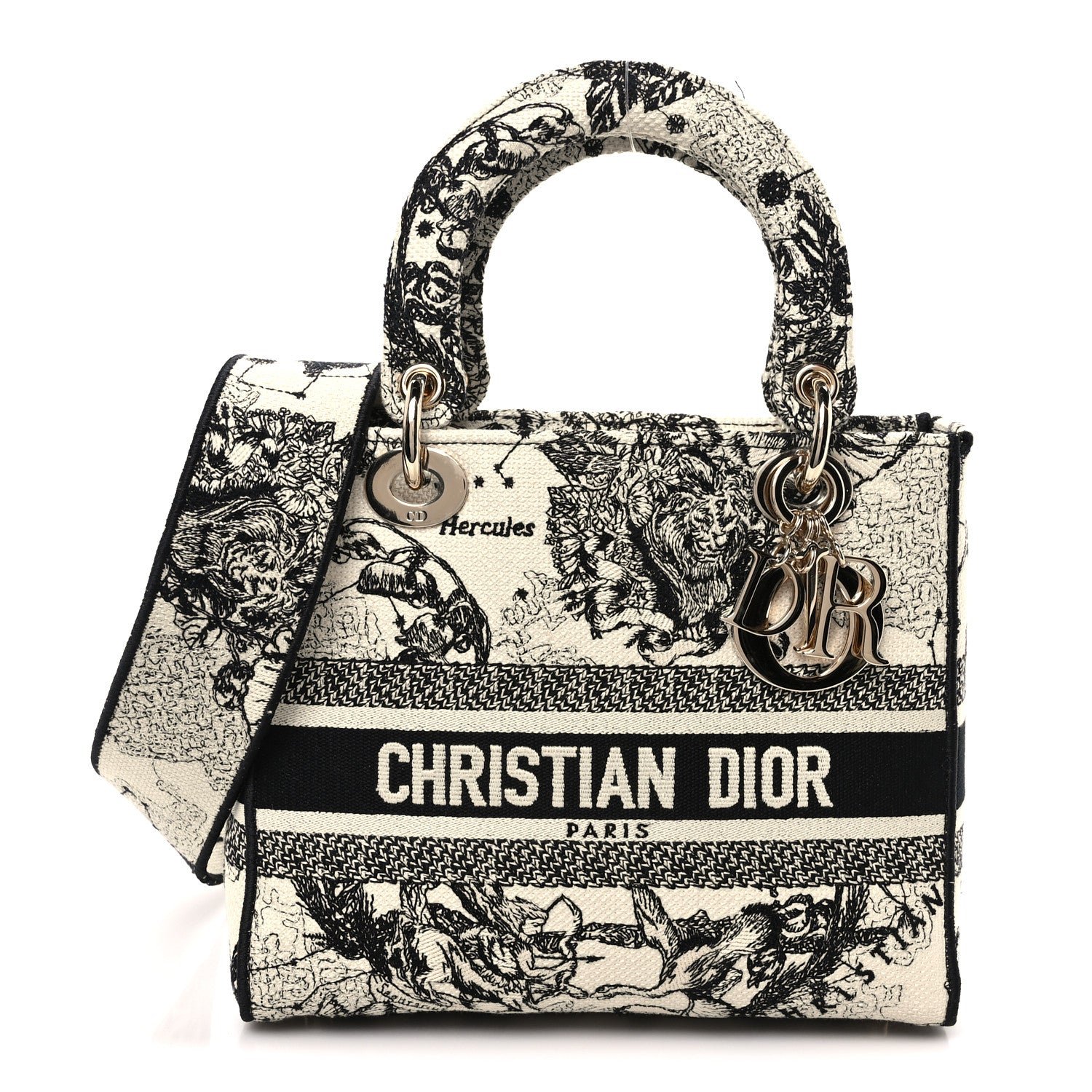 Christian Dior Canvas Embroidered Zodiac Toile De Jouy Medium Lady D-Lite Latte