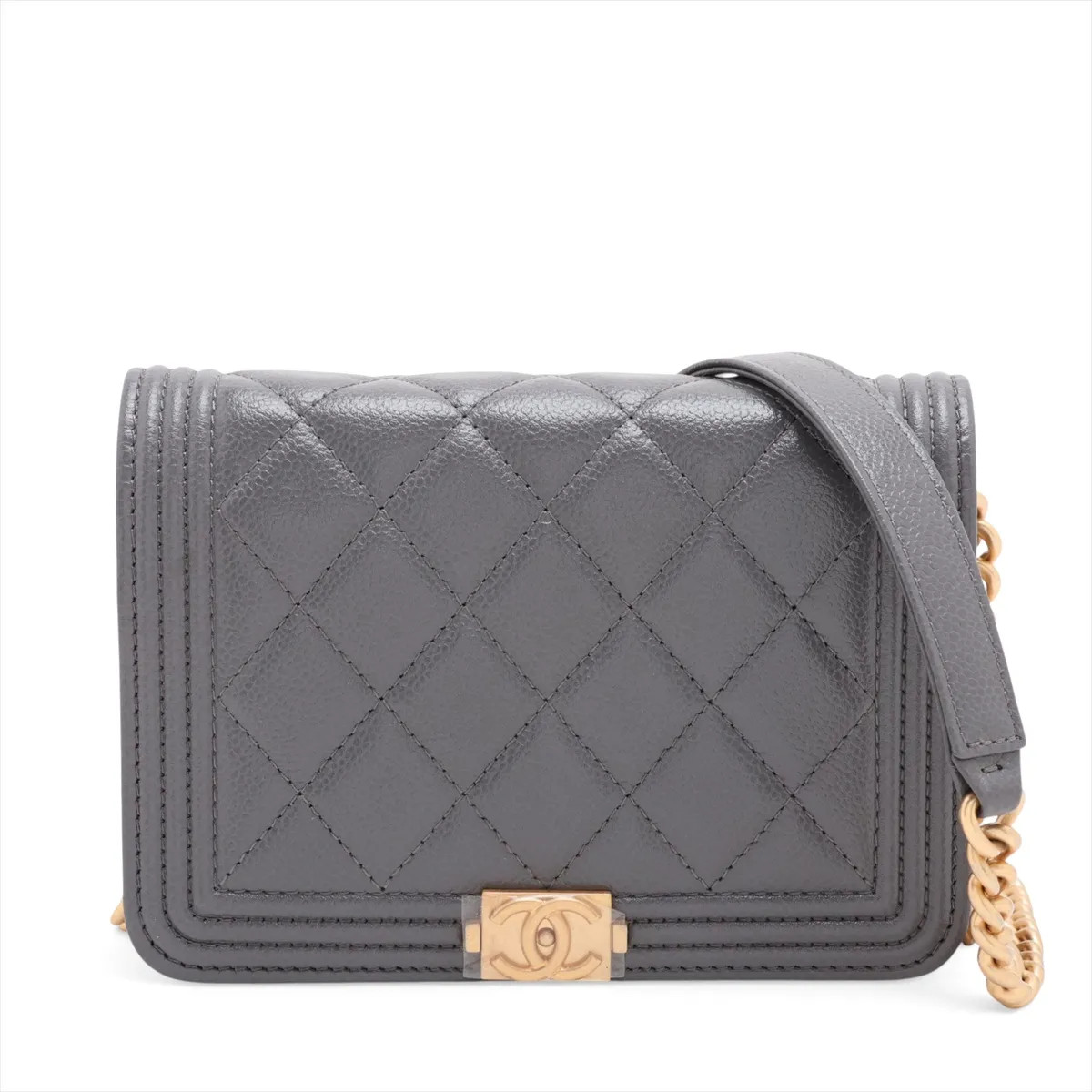 Chanel Boy Chanel Caviar Skin Chain Wallet Gray Gold Metal Fittings random seria