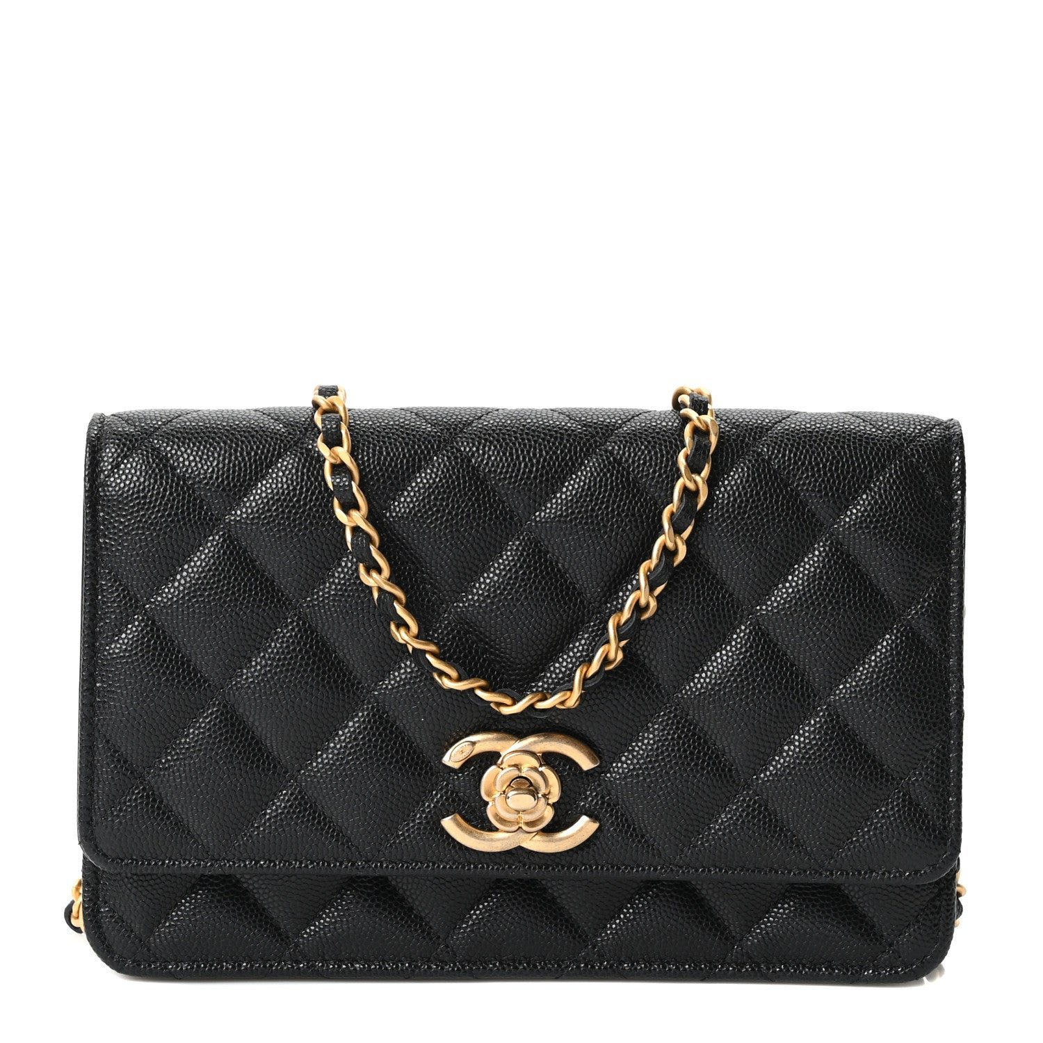 Chanel Caviar Quilted Camellia Wallet On Chain WOC Black